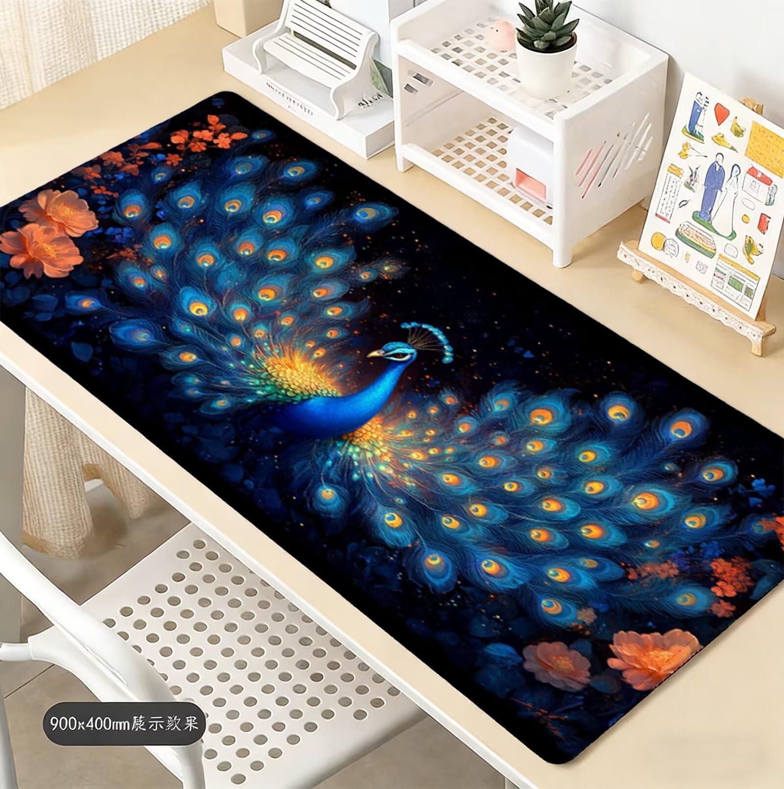Podkładka pod mysz z pawiami XXL 1200 x 600 mm, podkładka na biurko ze zszytymi krawędziami, podkładka pod mysz zwierzęcą z wodoodporną i antypoślizgową gumą, do biura i domu, prezenty dla mężczyzn H