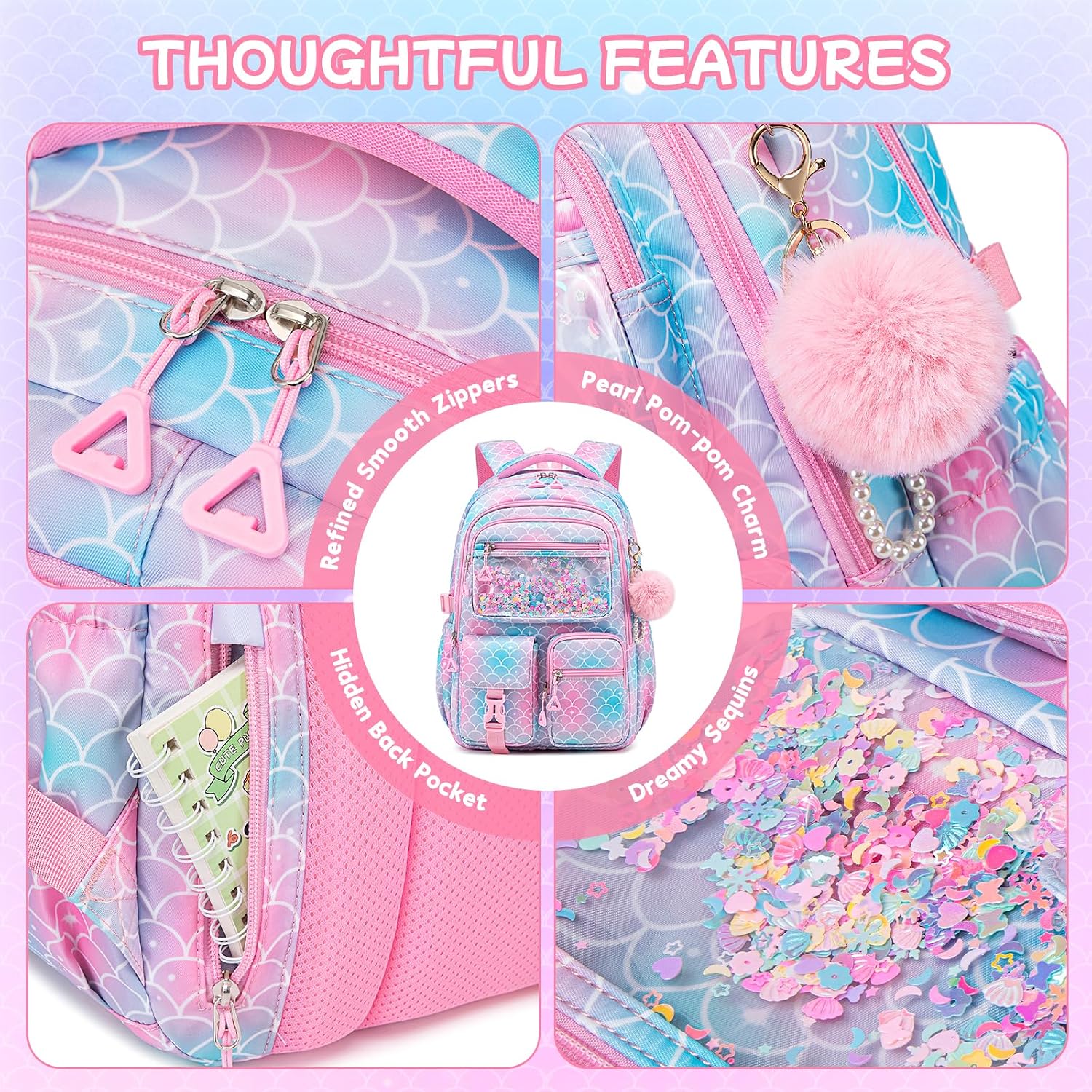 Girls Backpack,School Bag for Kids,Primary,Elementary,teen ages 6-15 Girls Bookbag,Students Kawaii Backpack Pink mermaid