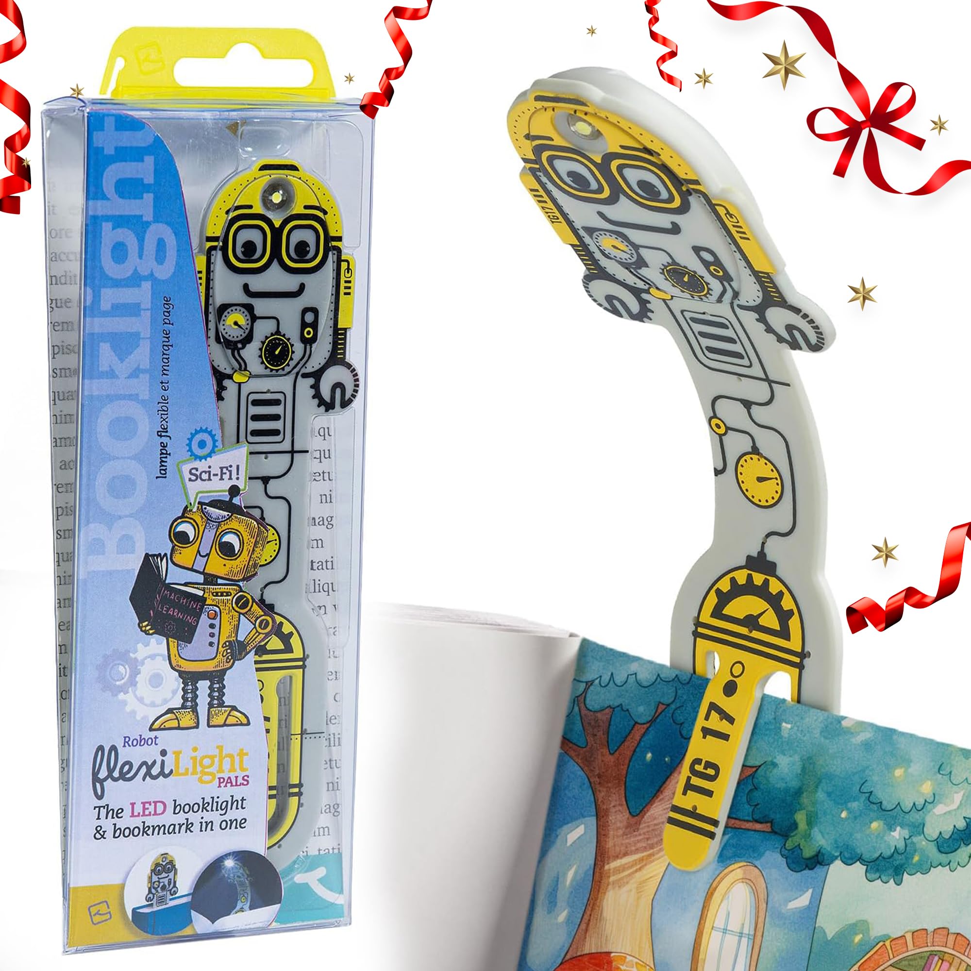 Gifts For Readers & Writers Robot Grey Book Light For Kids, Clip On Reading Light For Bed, 2In1 Flexilight Pals & Bookmark, Small & Lightweight With A Soft Glow, 2 Batteries Included,