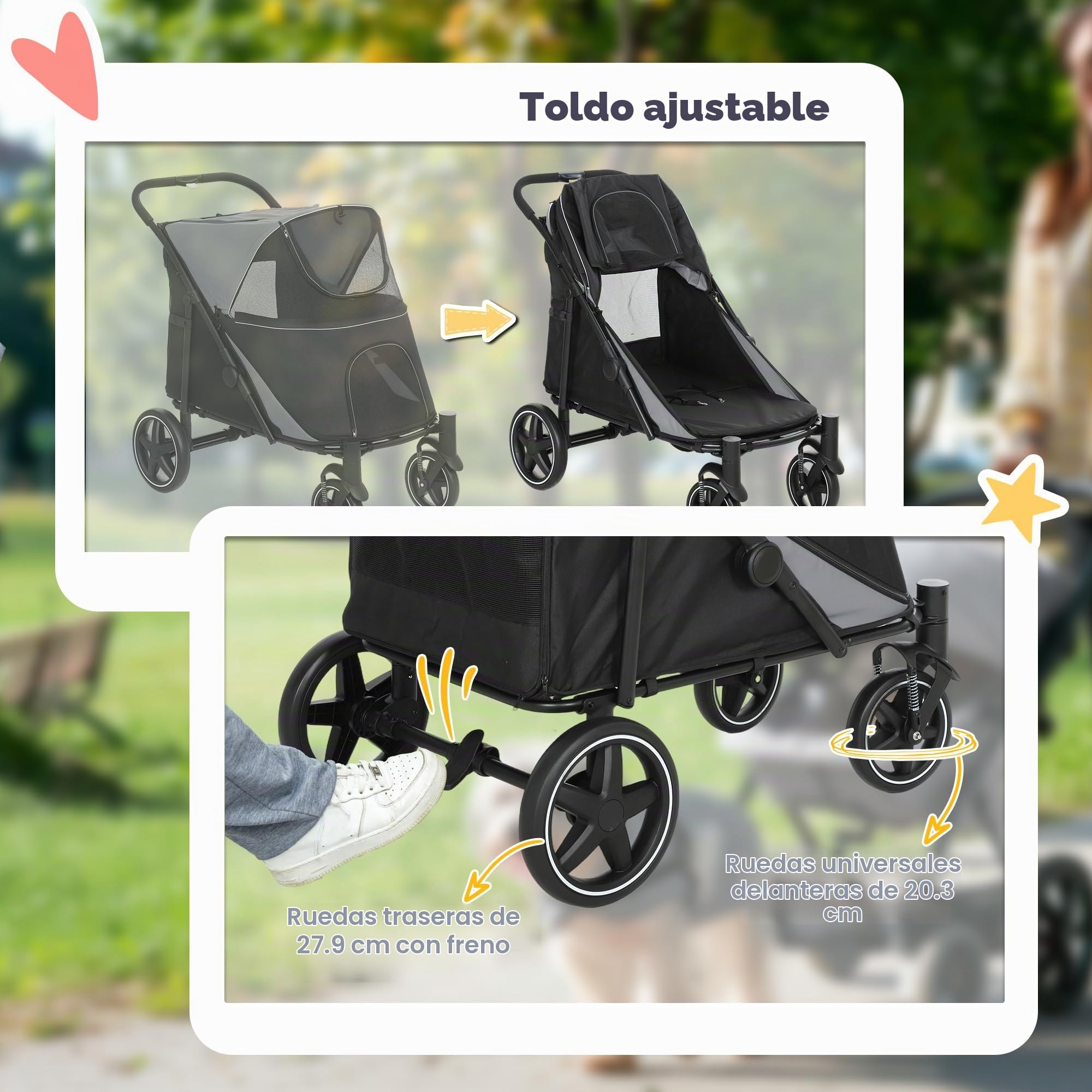 Carro para perros PawHut, carro para perros con cojín, carro plegable para perros, carro para perros grandes y medianos, carro para perros con ventana de malla, correas de seguridad, bolsa, tejido