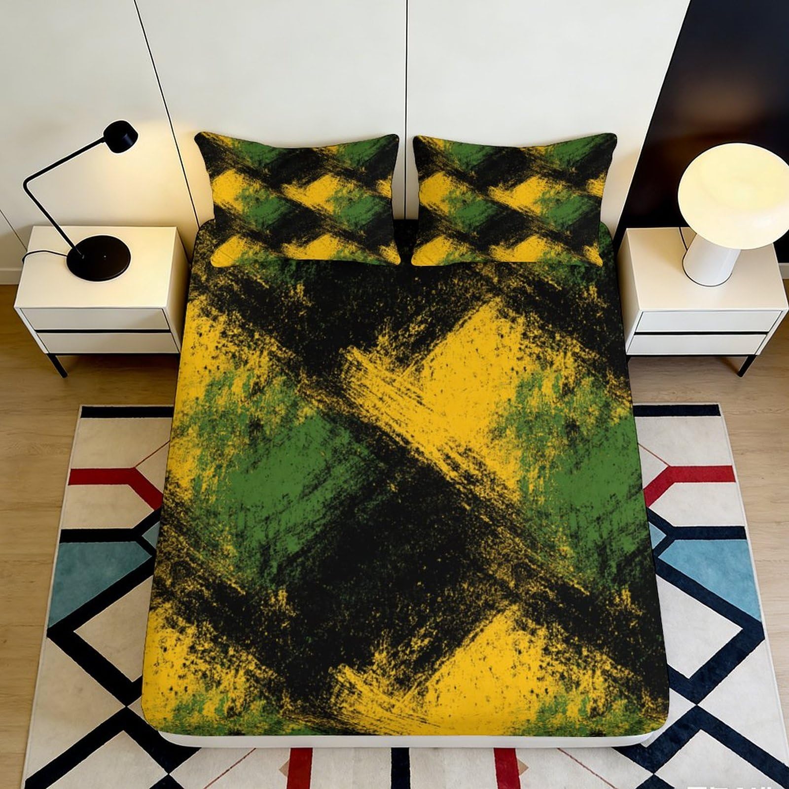 3D Printed Abstract Brushstroke Fitted Sheet Microfiber Yellow Green Black Mattress Cover Bedroom Dorm Decor 90x200x25cm