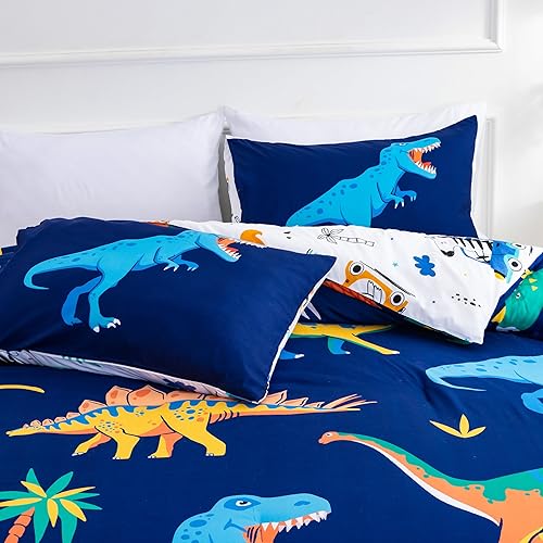 Miniatura 6 de A Nice Night - Juego de ropa de cama con estampado de dinosaurios en azul marino para niños, juego de edredón tamaño individual, ultrasuave con