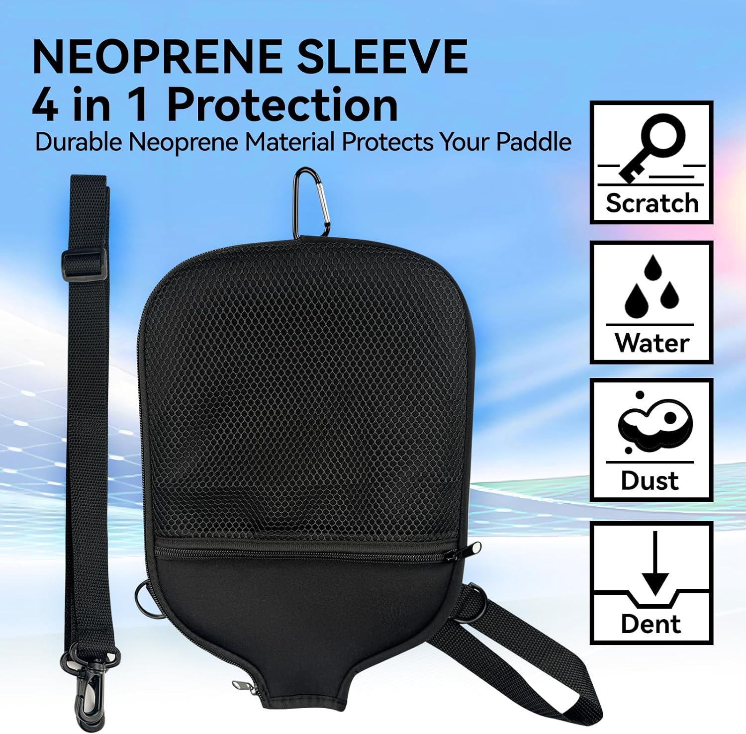 Pickleball Paddle Cover with Adjustable Shoulder Strap,Mesh Ball Pocket & Sturdy Carabiner,Fits All Standard Extended Rackets for Men Women Outdoor Training