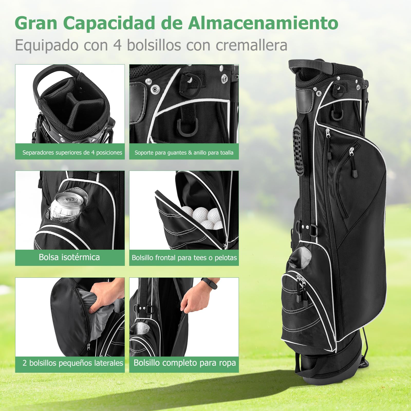 GYMAX Bolsa con Trípode de Golf, 4 Divisores, 4 Bolsillos con Cremallera, Correas de Hombro Ajustables, Bolsa de Golf Portátil con Cubierta Impermeable, Unisex Adulto