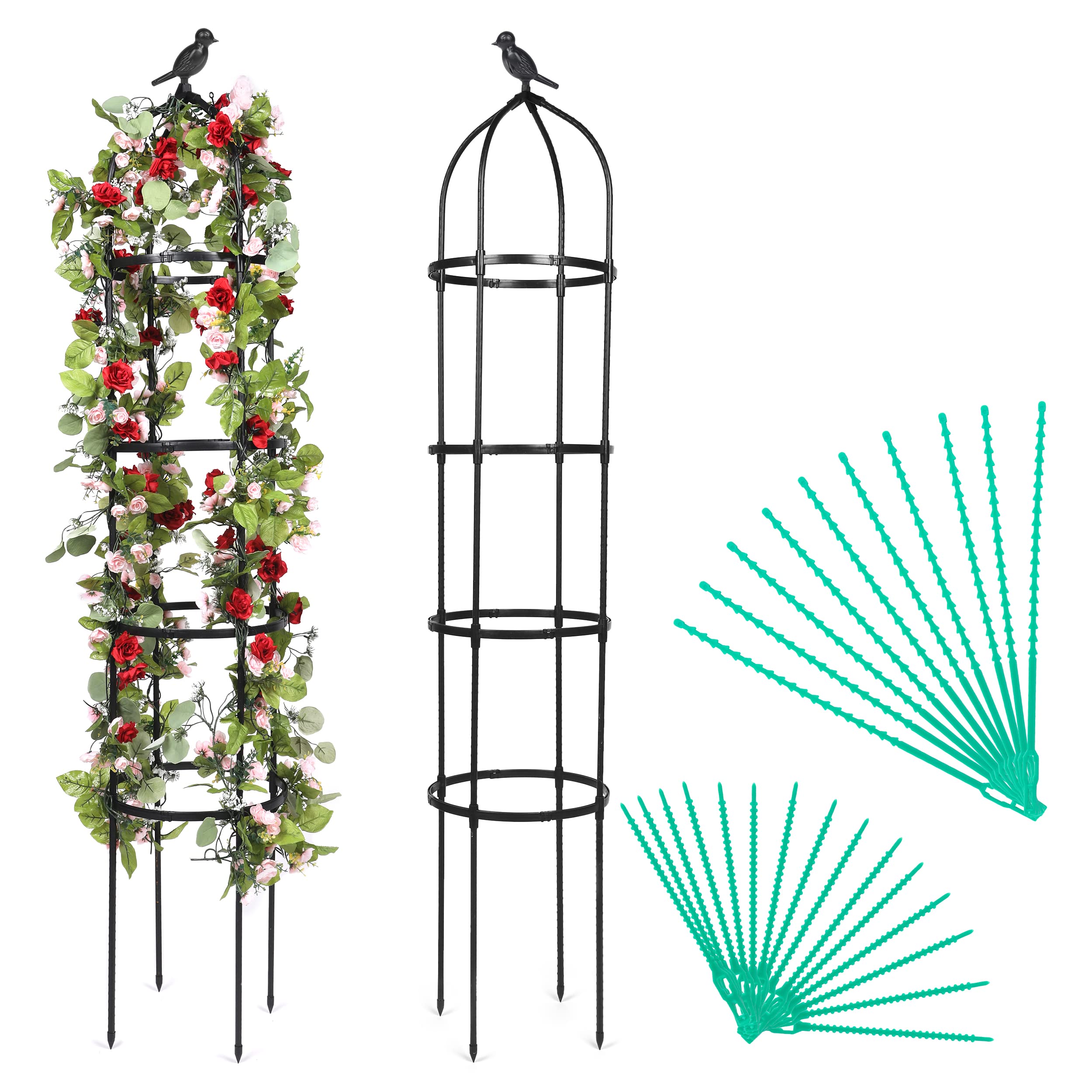 Garden Trellis Tower for Climbing Plants - 6 ft Tall, Waterproof with Stakes Outdoor Indoor Plant Support w/Realistic Bird Decoration and Textured Grooves to Display Climbing Flowers Tomato Cucumber