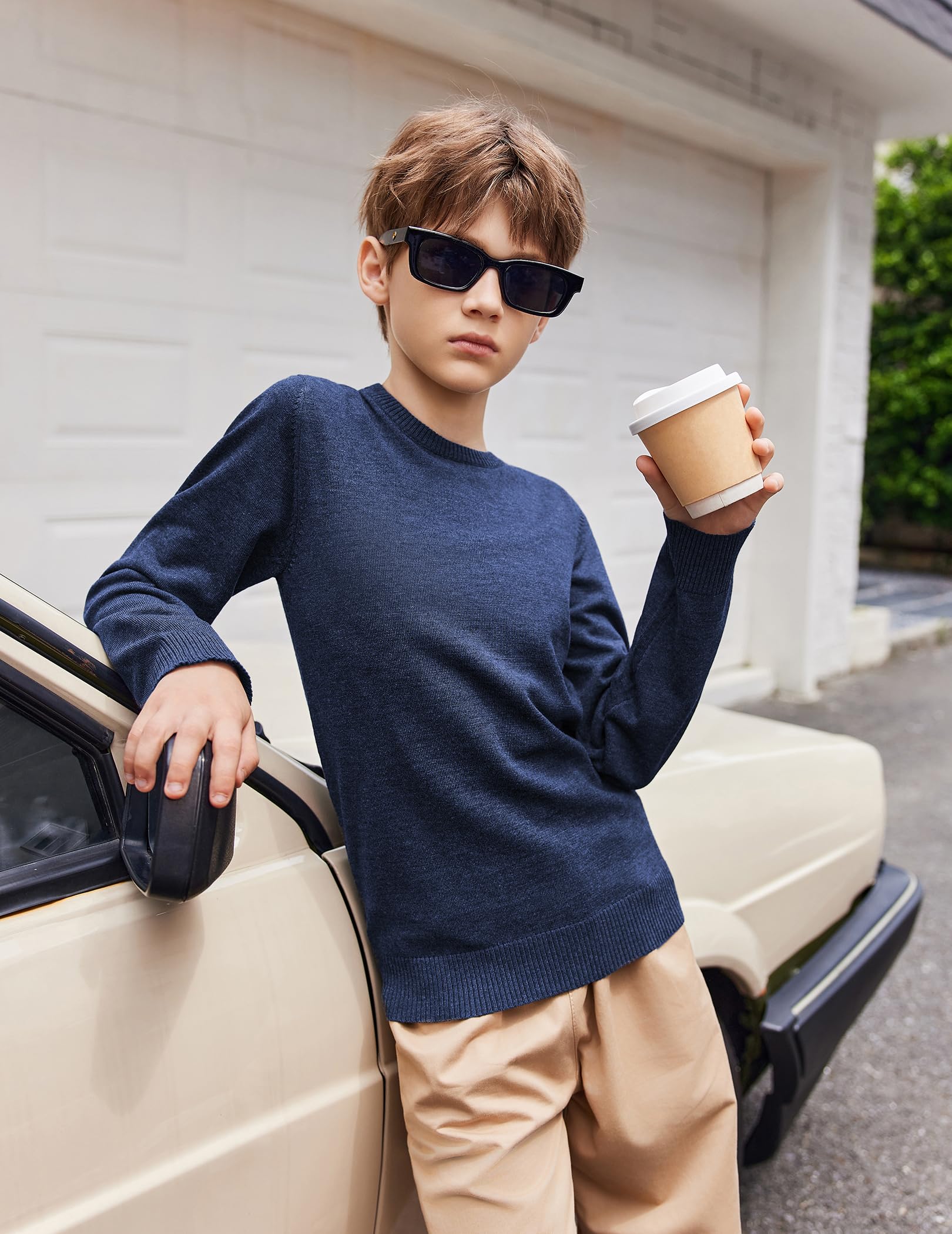 Arshiner Pull en Maille à Manches Longues pour garçon Automne/Hiver Couleur Unie col Rond Pull Basique pour Uniforme Scolaire Chemise à Manches Longues pour Enfants de 5 à 12 Ans