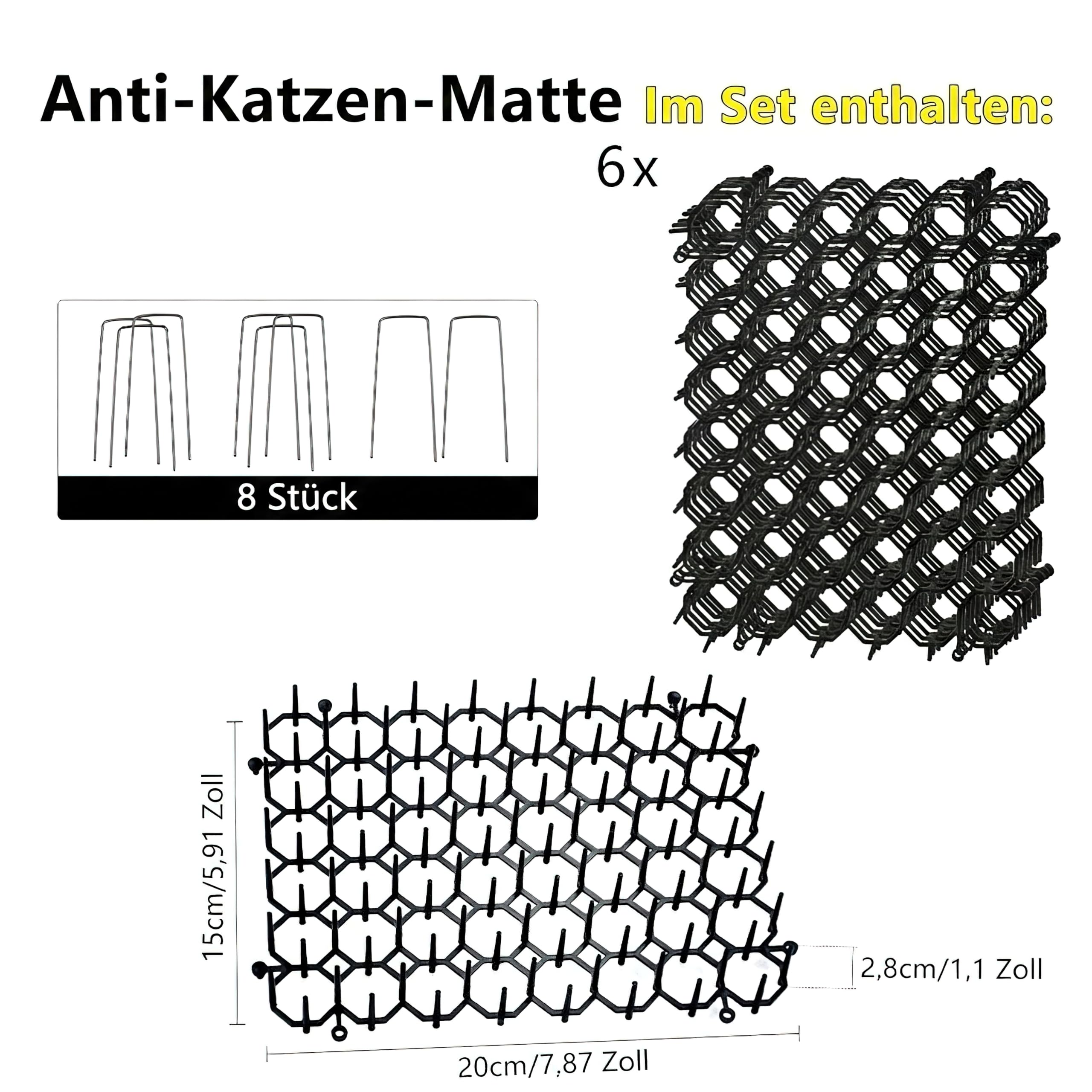 Katzenabwehrmatte – 20,3 x 15,2 cm Dornengitter gegen Katzen, 6 Stück, hält Katzen von Topfpflanzen fern, mit 8 U-förmigen Heringen, Außen- und Innenbereich, für Leintierzaun-Barriere