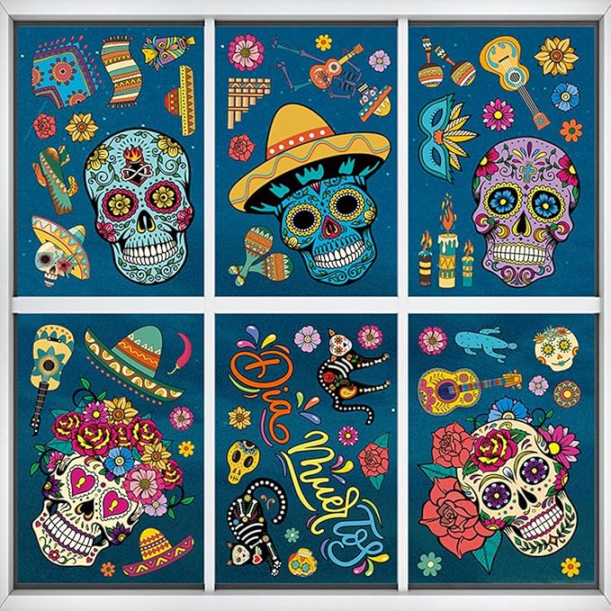 9PCS Mexican Dia de Los Muertos Window Stickers Halloween Window Decorations with Sugar Skull Skeleton Gnome Flowers Design Decals Day of The Dead Party Supplies Large for Glass Windows