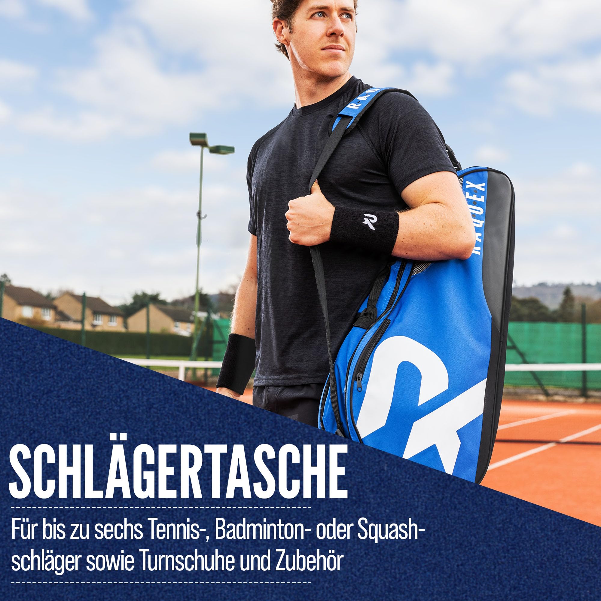 Raquex Schlägertasche - Blau/Schwarz/Magenta - für Tennis-, Badminton- und Squashschläger. Tennistasche für bis zu 6 Schläger + Zubehör + Sportschuhe