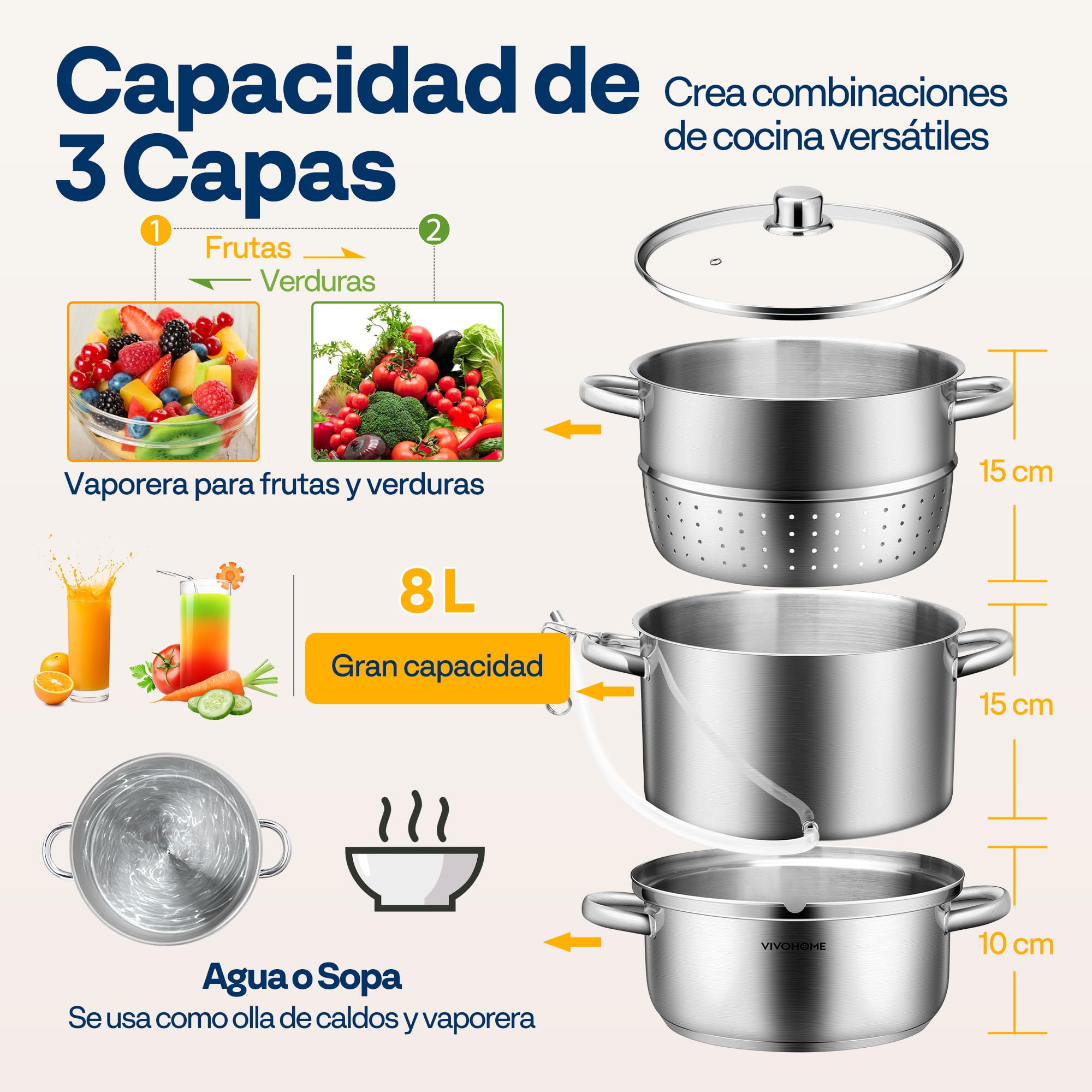 VIVOHOME Exprimidor de Vapor con Tapa de Vidrio 8L Extractor de Frutas | Ø 26cm, Acero Inoxidable, Verduras Casero con Tubo, Apto para Lavavajillas, para Todas las Cocinas, incluida Inducción