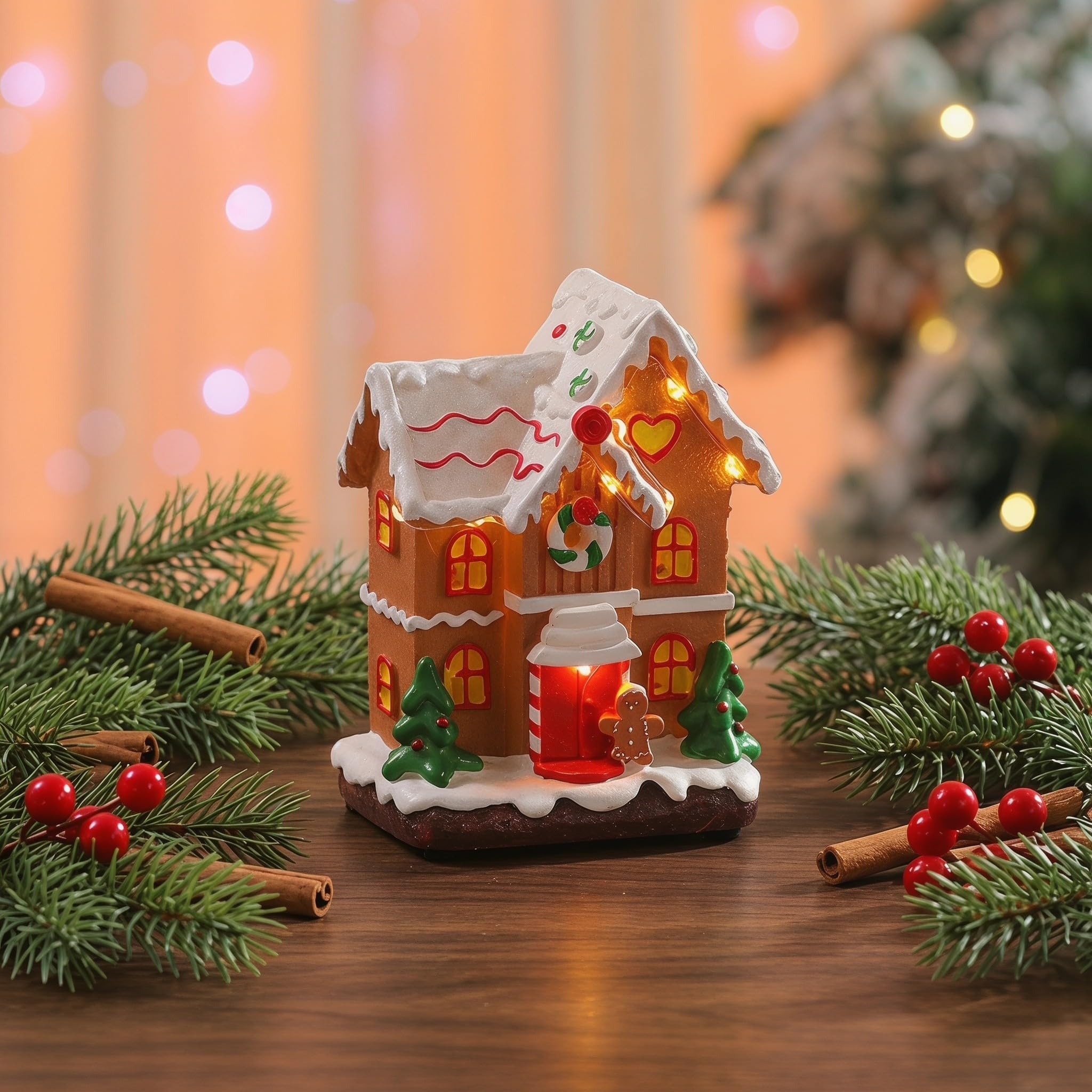 SECFOU Decorazione Natalizia e Ornamento Musicale Rilassante in Resina a Forma di Casetta con Illuminazione Magica e Vassoio a Livelli per Ambientazione Festiva Indoor