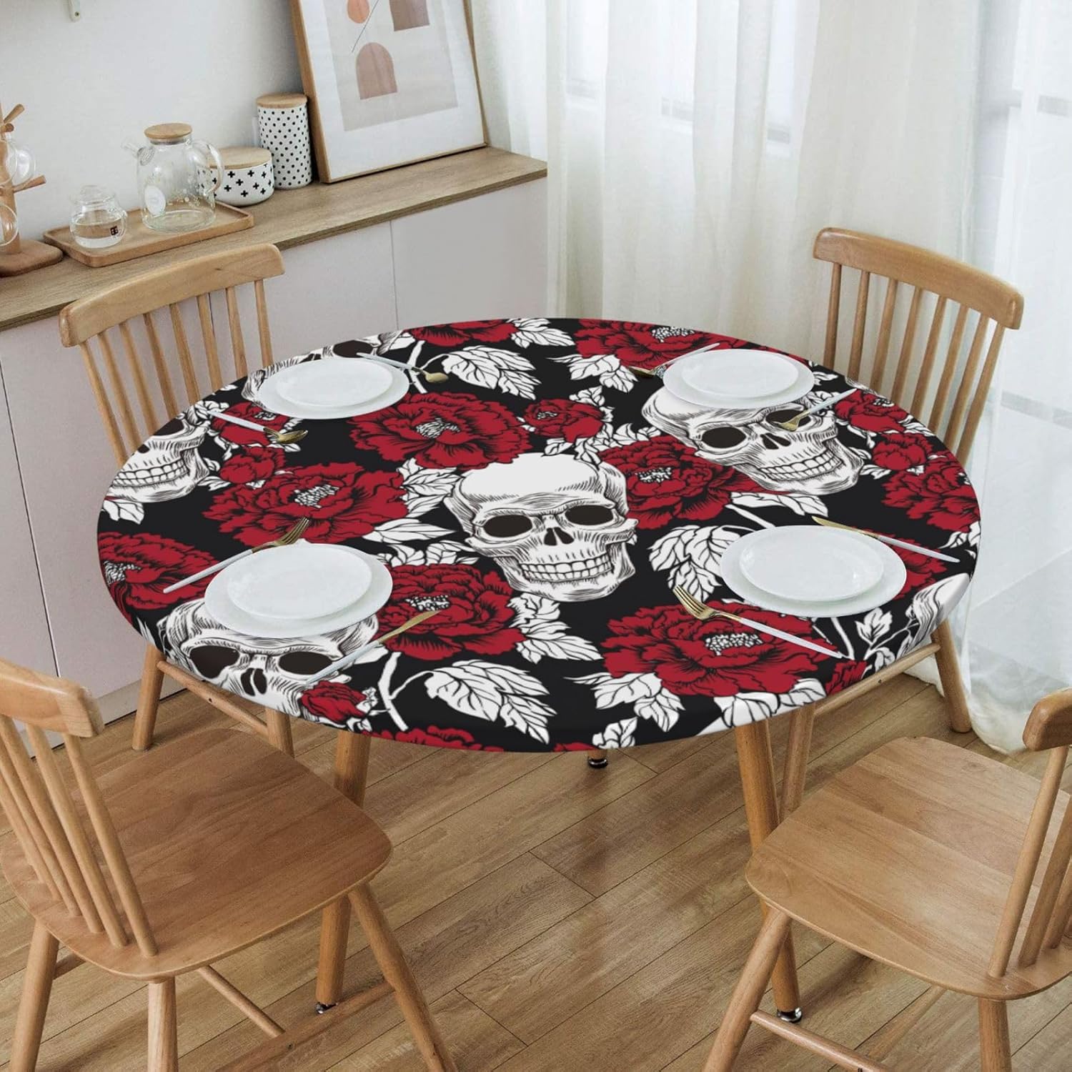 Round Table Cloth Skull Flower Decorative Tablecloth Waterproof Stain-Resistant Wrinkle-Resistant Table Cover for Indoor and Outdoor Parties Picnics Weddings 54Inch