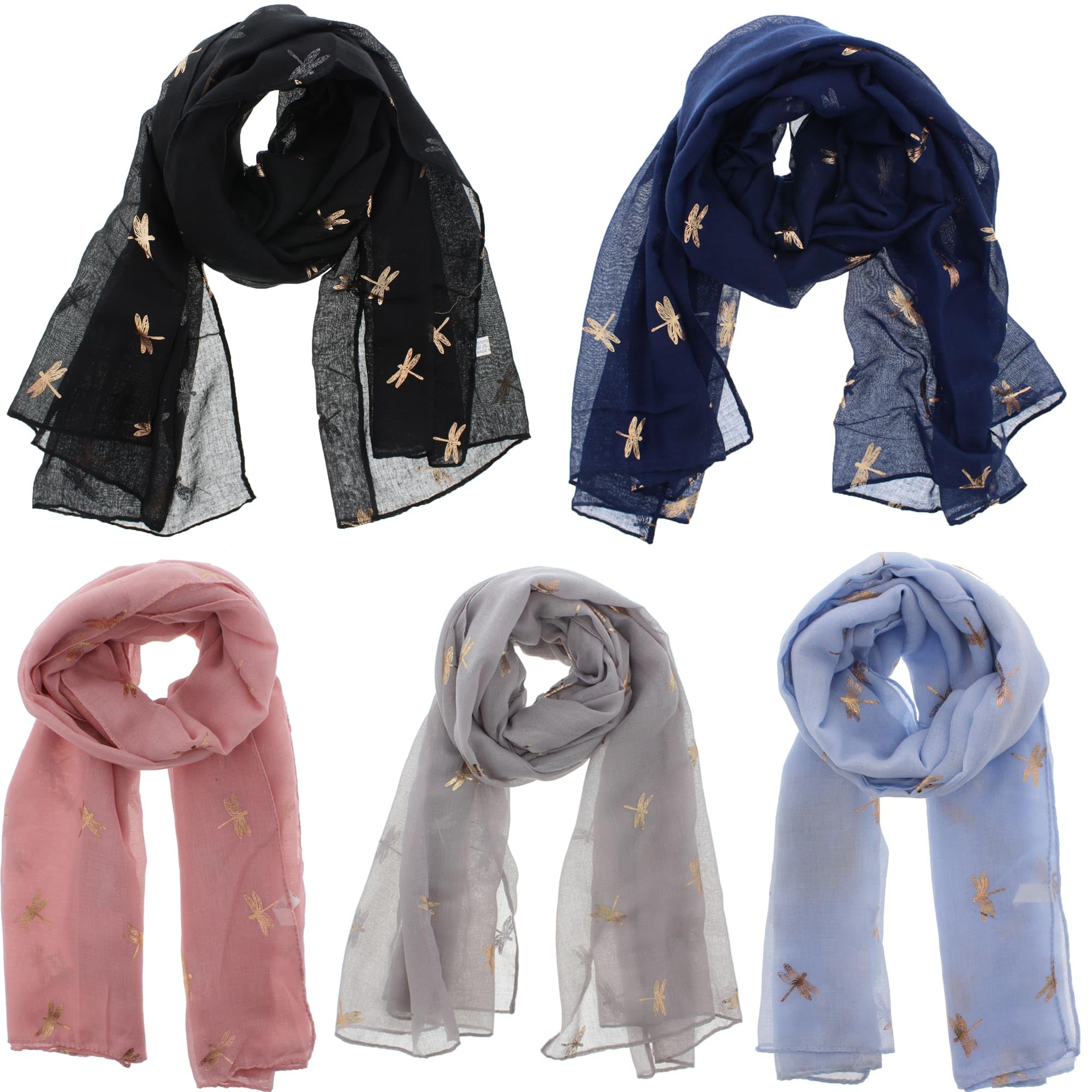 Zac's Alter Ego Women's Multicoloured Set Of 5 Lightweight Gold Foil Mini Dragonfly Print Scarves