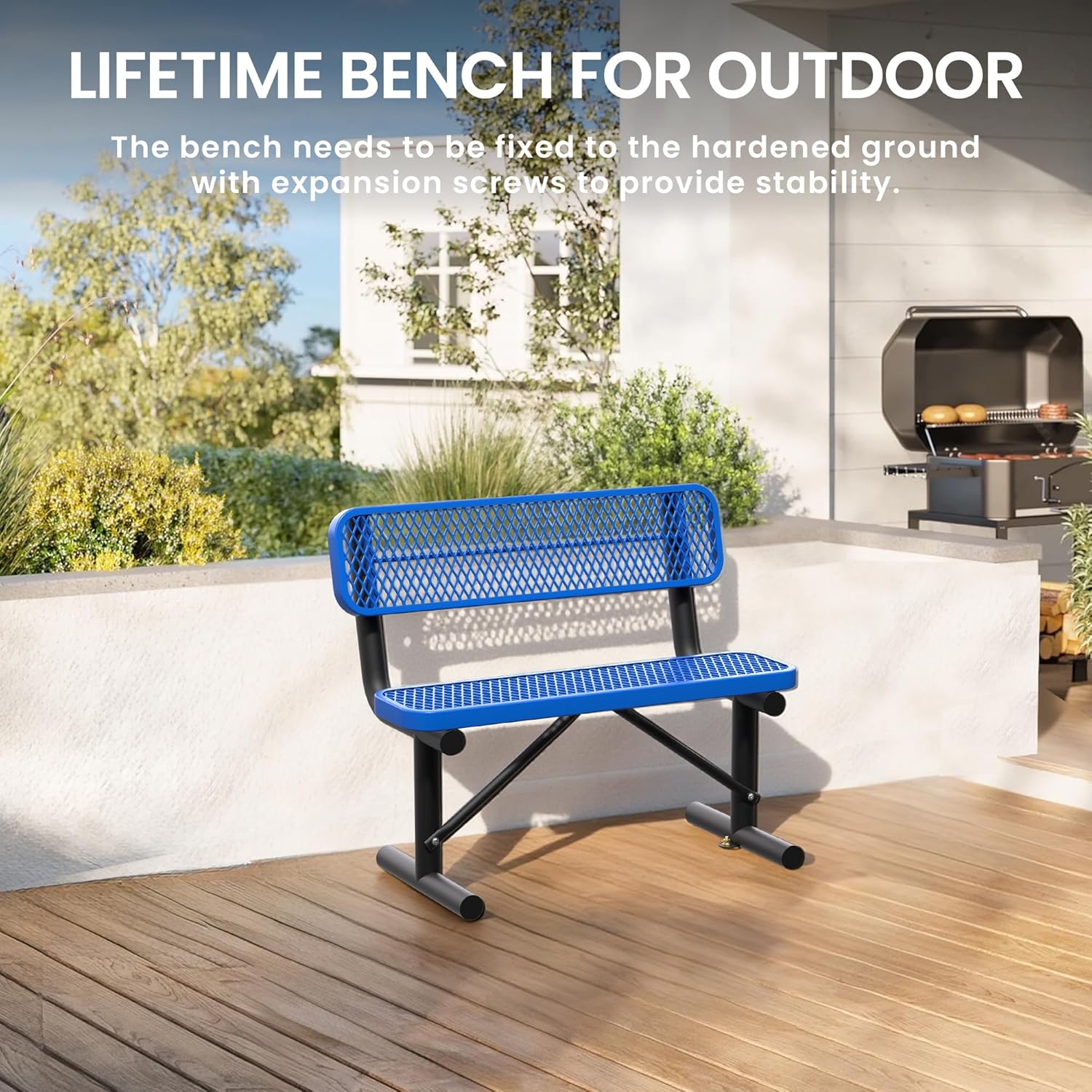 4 Feet Park Benches for Outside,Heavy Duty Patio Garden School Commercial Benches,Weatherproof Outdoor Bench Metal Picnic Bench, Outdoor Steel Bench with Backrest,48x23.2x32.5inch (Blue, 4FT)