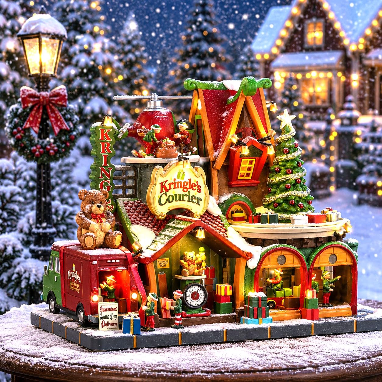 LEMAX Edificio Corrieri elfici Illuminato e Musicale Kringle's Courier in Resina H22,3x28x15 cm