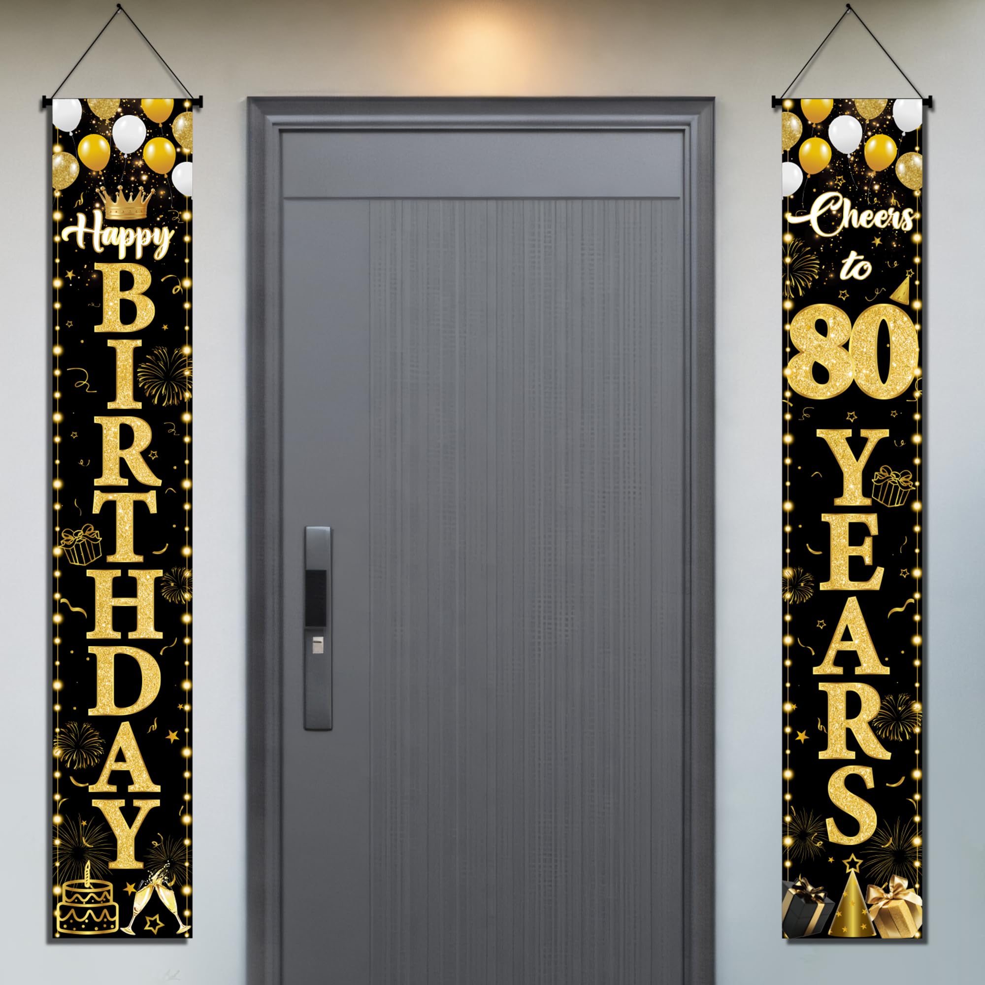 80th Birthday Decorations Door Banner - 2 Pcs Black Gold Happy Birthday — image 1