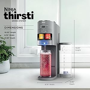 Ninja Thirsti Drink System, Soda Maker, Create Unique Sparkling & Still Drinks, Personalize Size & Flavor, Carbonated Water Machine, 60L CO2 Cylinder & Variety of Flavored Water Drops, Gray WC999AMZ