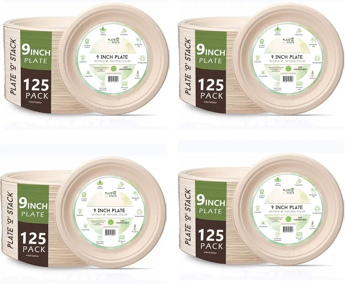 100% Compostable Paper Plates 9 Inch [500 Count] Heavy- Duty Dinner Plates - Natural Brown Color Unbleached Bagasse - Eco-Friendly Disposable Biodegradable Sugarcane Plates - [Bulk Case 4/125 Pack]