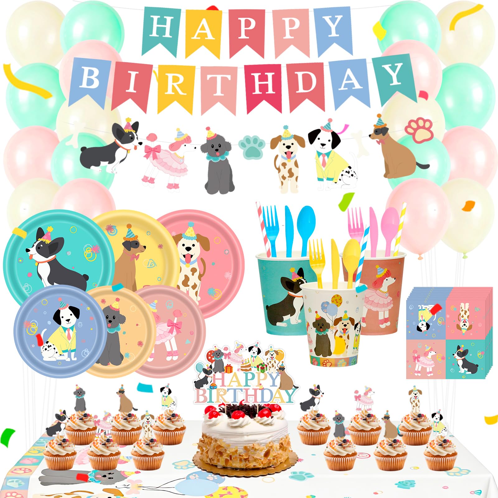226pcs Pet Dog Birthday Party Supplies Retro Puppy Themed Paper Plates Napkins Vintage Puppy Face Party Tableware Disposable Pet Dinnerware Decoration