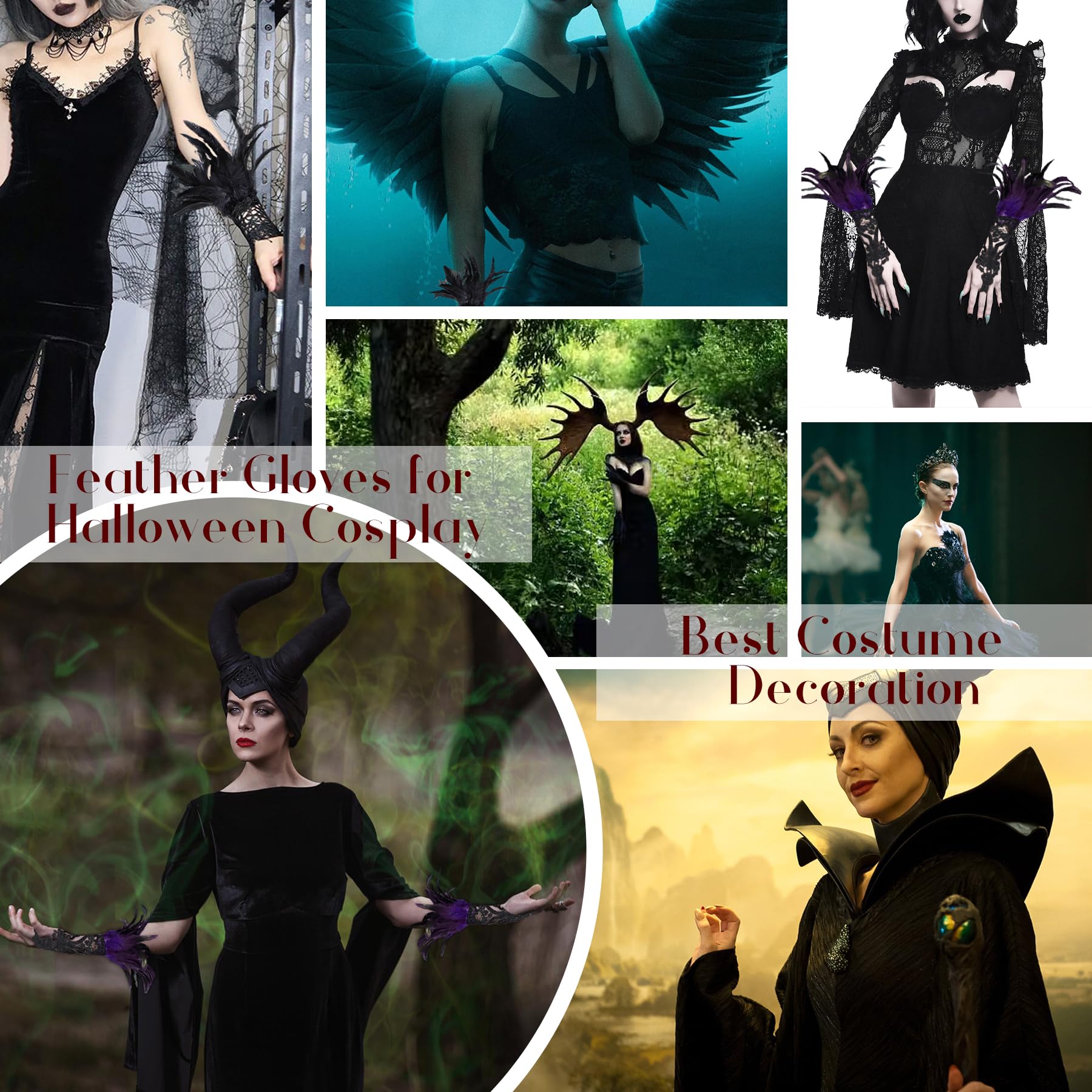Zando Guanti lunghi da donna in pizzo con piume, guanti per costume di Halloween, gotici, senza dita, con polsini al polso, confezione da 2, Punk Nero, taglia unica