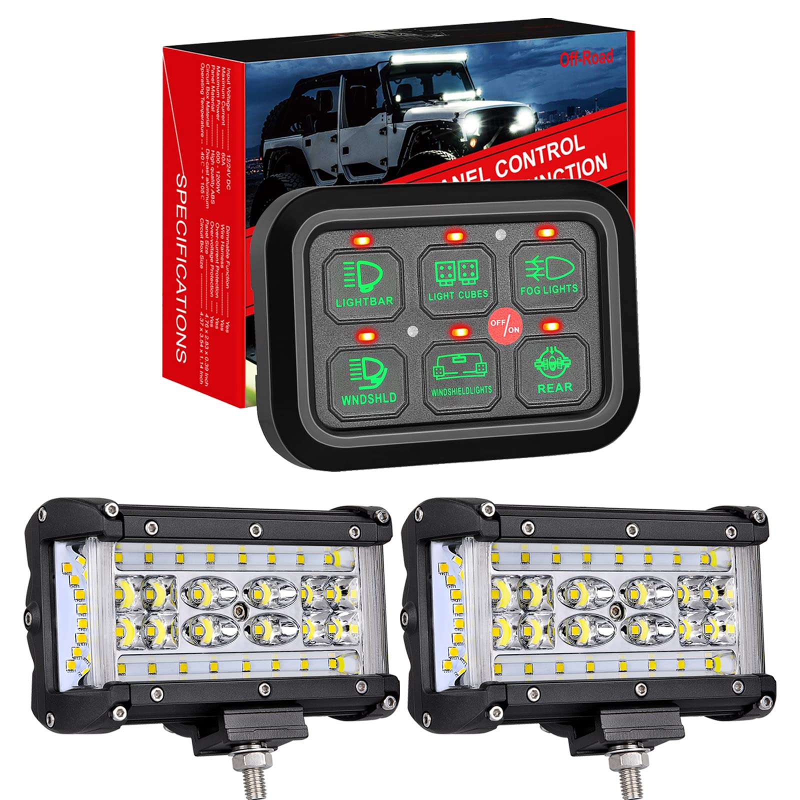 6 Gang Switch Panel Automatic Dimmable + 5 inch Dually Sided Side Shooter Quad Row LED Fog Lights LED Spot Flood Combo Lights Bar