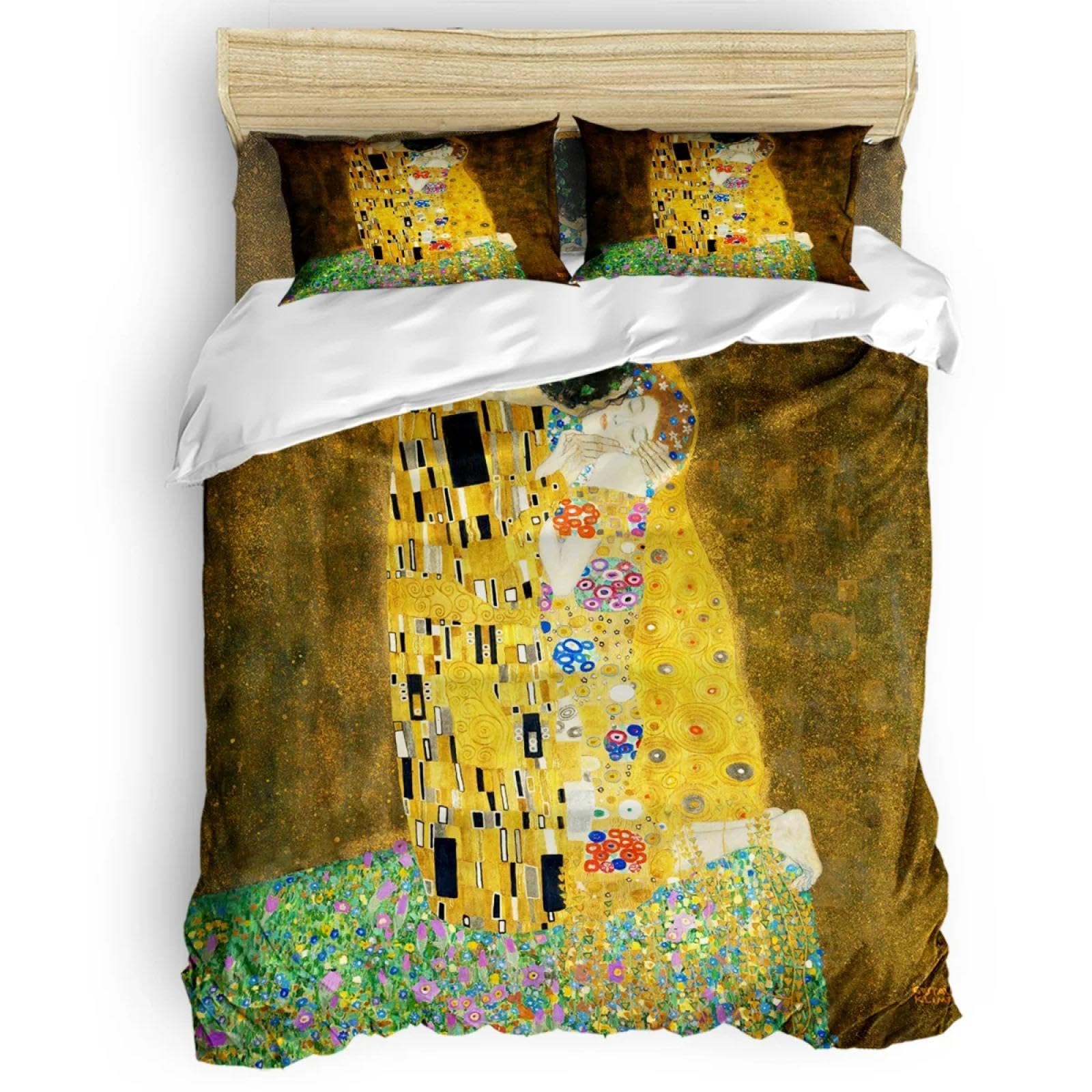 Ensemble de housse de couette 140X210 cm Gustav Klimt Le Baiser parure de lit 3 pièces