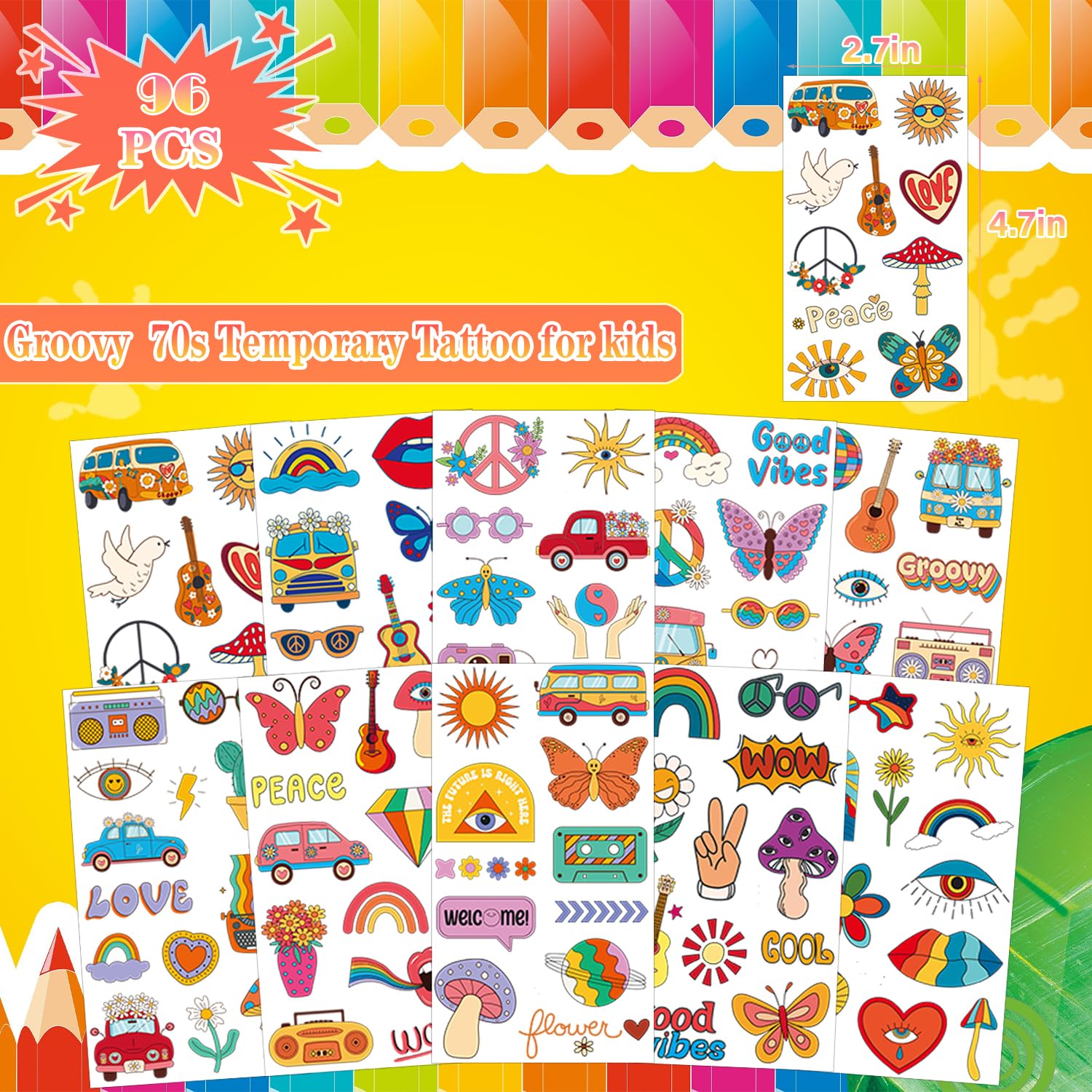 UVUXO Groovy 70s Temporary Tattoo for kids - 96 Styles Flower Power Retro Cute Temporary for Girls Boy Body Arm Shoulder Cute Tattoos Stickers, Birthday Party Supplies Gifts for Kids image 2