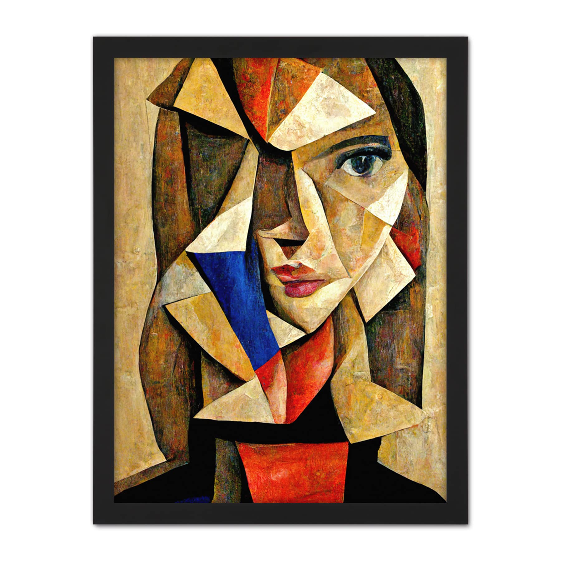 Doppelganger33 LTD Painting Cubism Style Portrait Of Young Woman Beige And Brown Artwork Framed Wall Art Print 18X24 Inch
