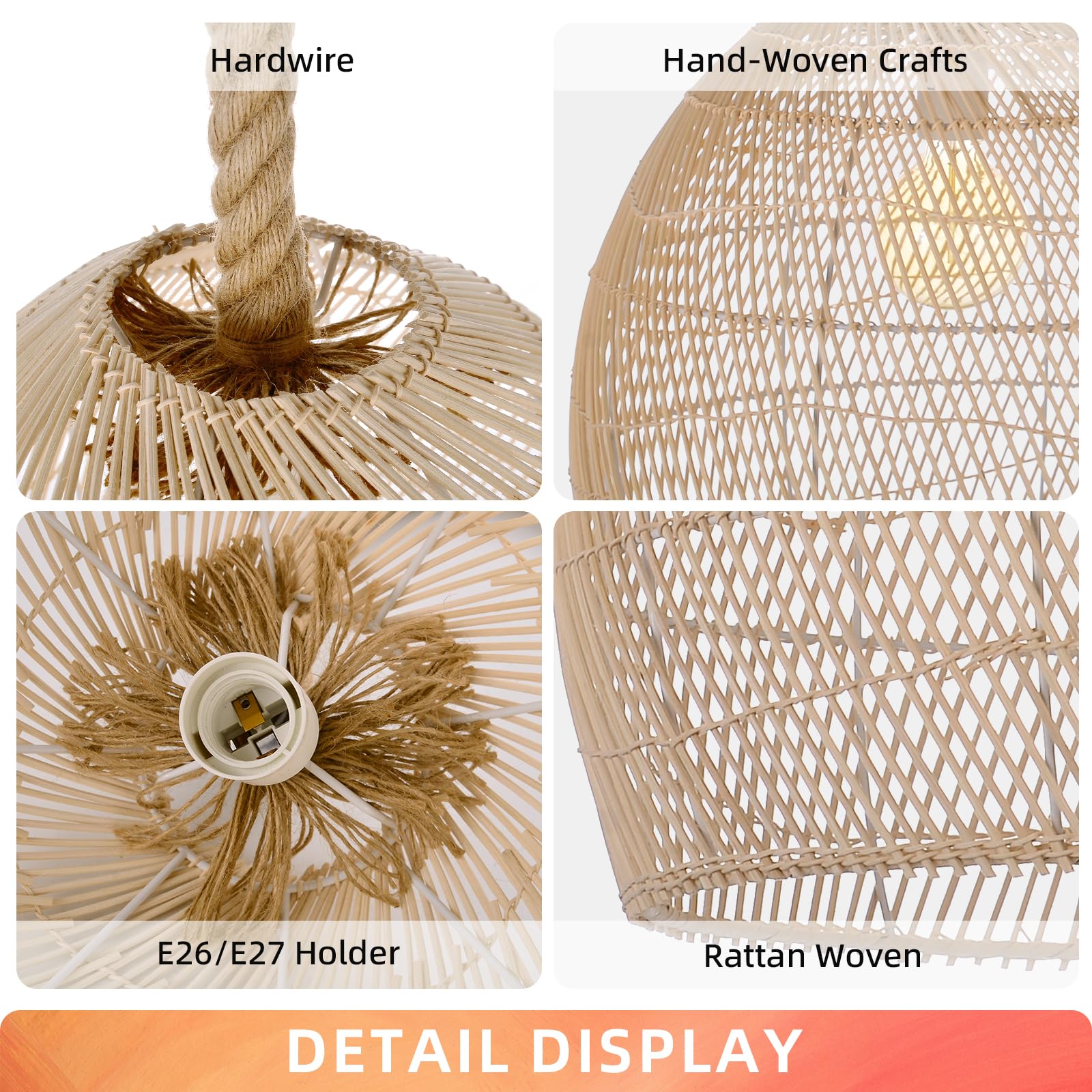 Lámpara colgante de ratán natural para isla de cocina, lámpara tejida con sombra, luz de techo colgante, lámpara de cuerda hecha a mano de 15.7 pulgadas x 13.7 pulgadas 7