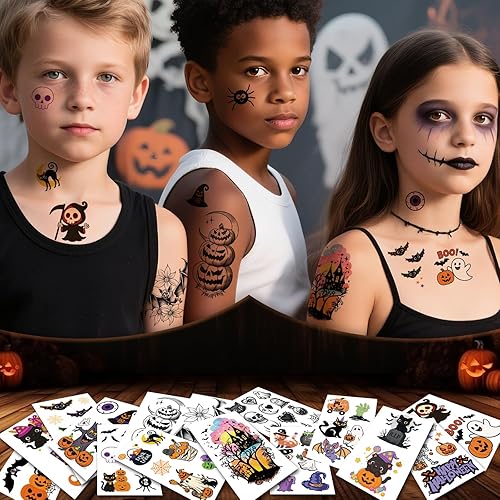 77 Sheets Halloween Temporary Tattoos Women Men, 17 PCS Half Sleeve Pumpkin Bat Crow Witch Skull Fake Tattoos for Adult, 60 PCS Spider Cat Ghost Scar Tiny Realistic Face Body Tattoos Stickers