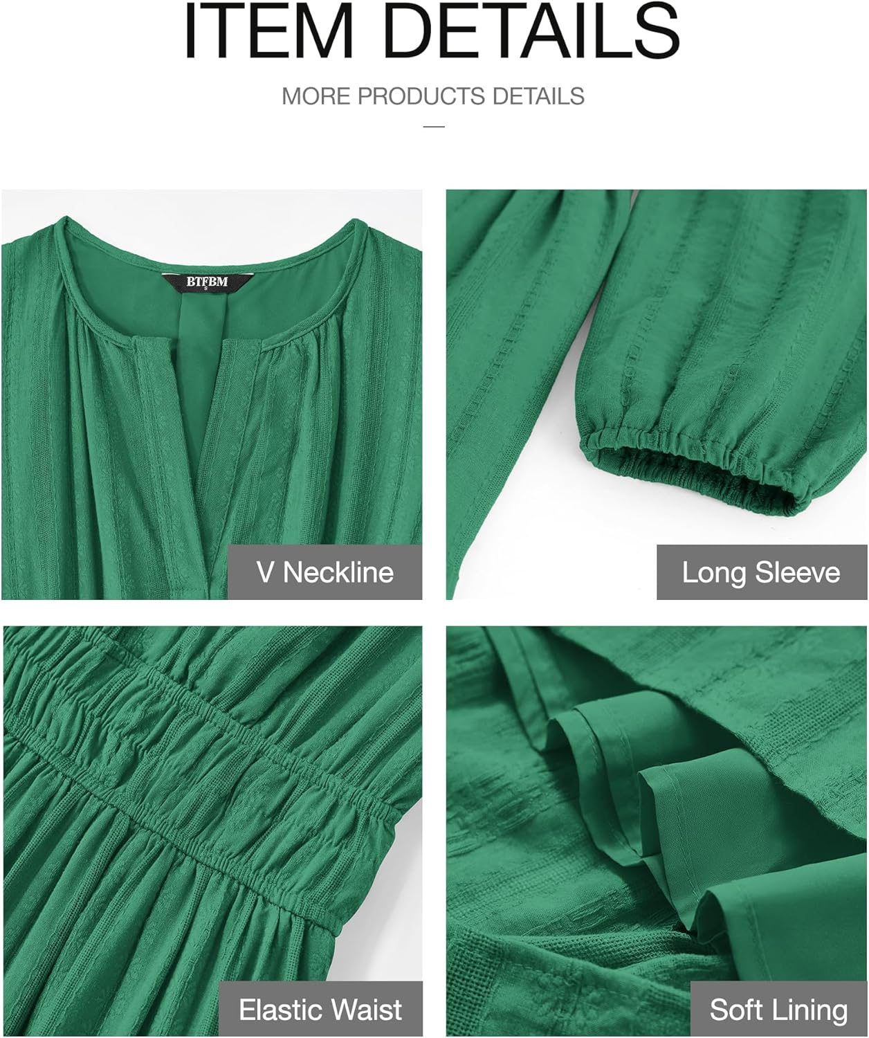 BTFBM Spring Dresses for Women 2026 Casual Long Sleeve V Neck Elastic Waist Lightweight Maxi Wedding Guest Dress Pockets - Image 4
