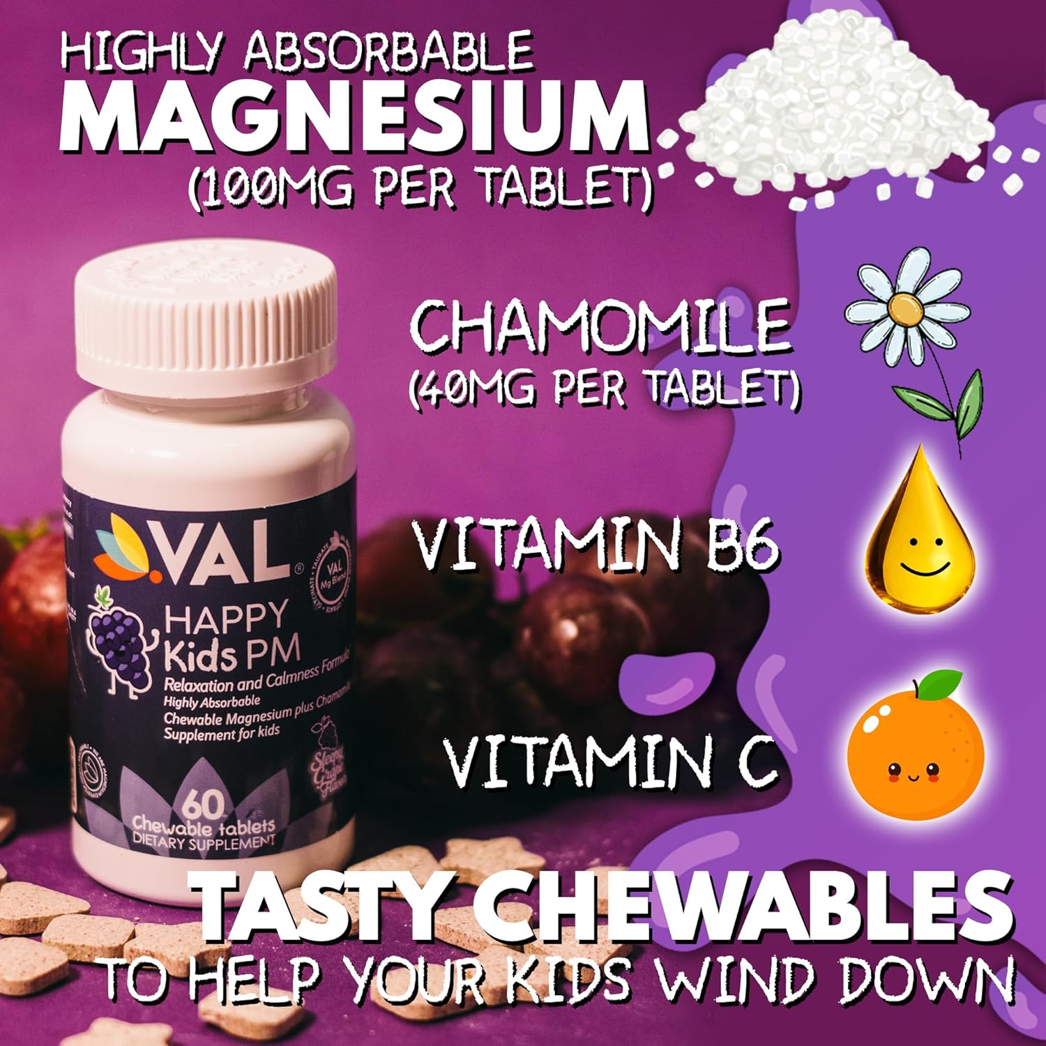 VAL Kids PM Magnesium Gummies | Sugar-Free Chewable Tablets with Chamomile, Magnesium Glycinate + Citrate + Taurate | Vitamin B6 & C | Natural Grape Flavor | Sleep & Calm Support | 60 Ct | Ages 4+ - Image 3