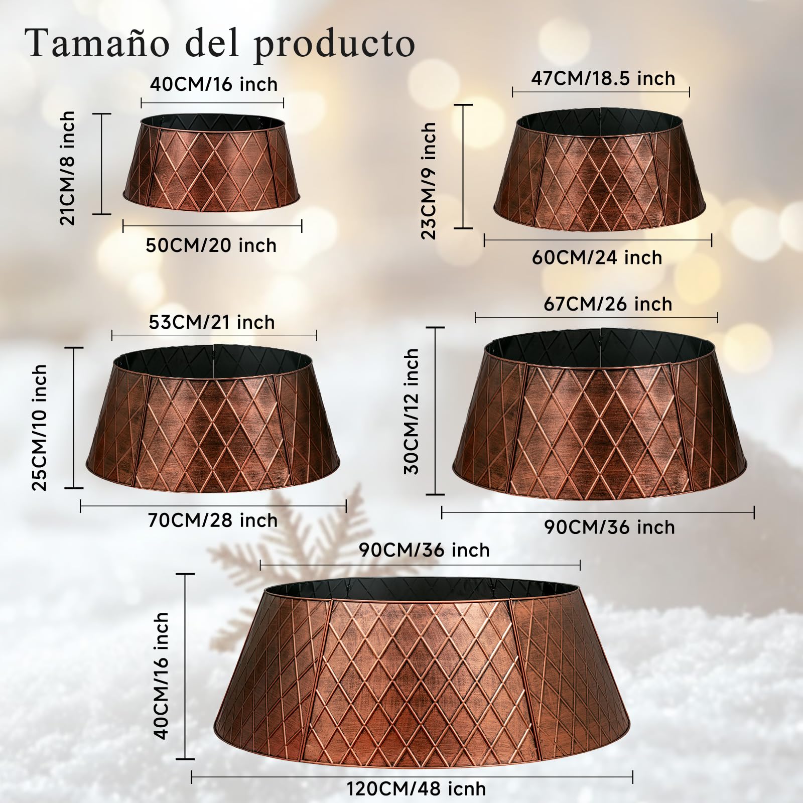 Lanpn Metal Collar Árbol de Navidad 90cm, Albero Natale Decorativo Christmas Tree Collar para Grande L Árboles Artificiales Interior Exterior - Decoración Navideña (Cobre, Rombo)
