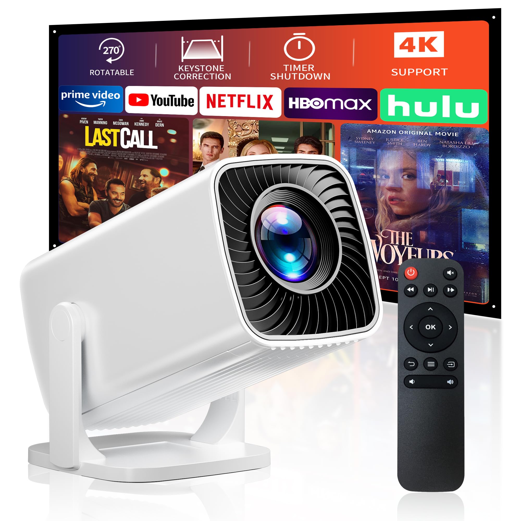 Mini Projector, Portable Projector 4K Support, Full HD 1080P Outdoor Projector, 270° Rotation Movie Projector, Max 200" Screen, Compatible with Smartphone, TV Stick, Laptop, PS4, HDMI, USB