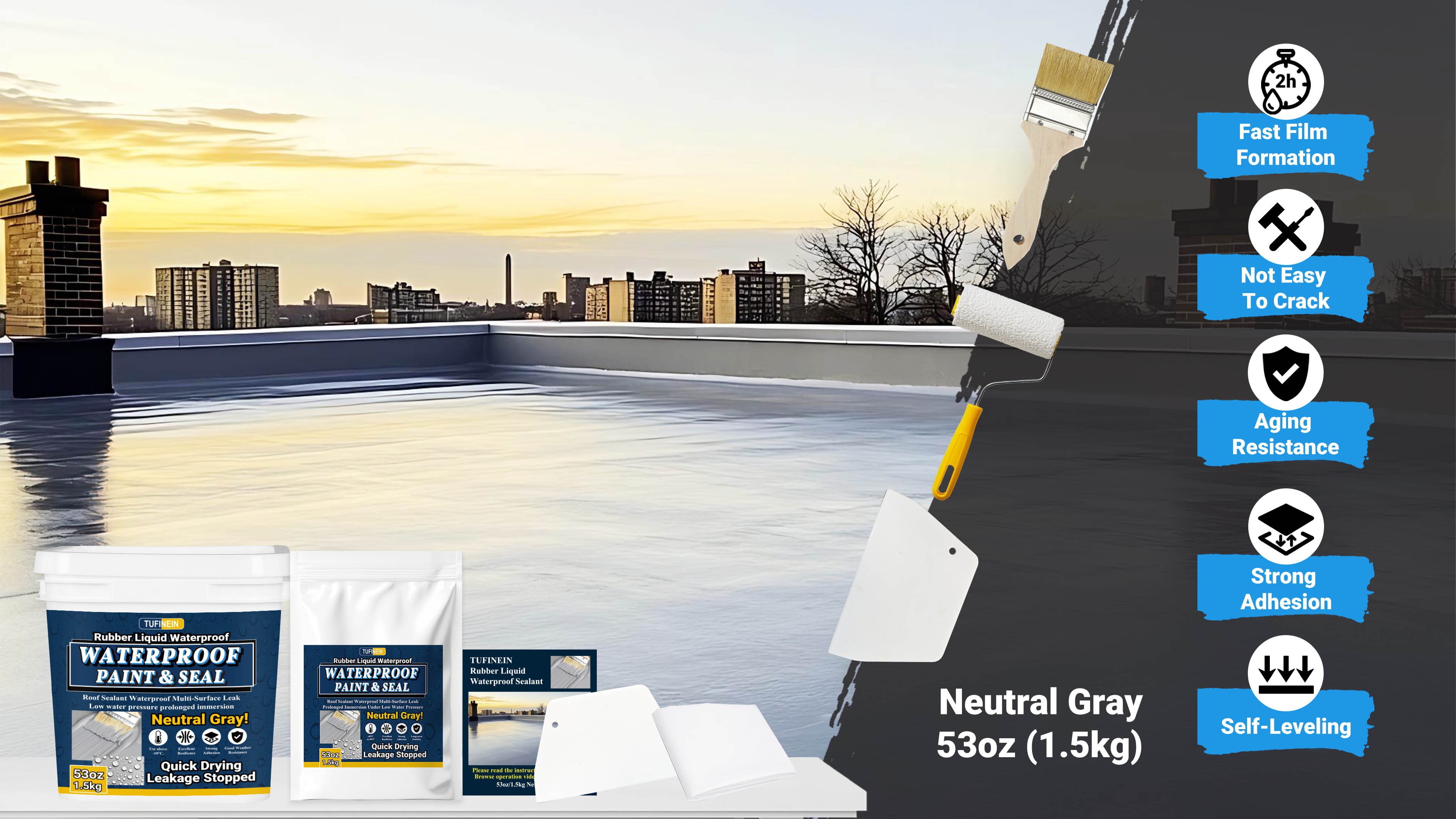 Image of Rubber Liquid Waterproof Sealant, TUFINEIN 53oz /1.5kg Neutral Gray Quick Drying Multi Surface Foundation Leak Repair - Roof Gutters Basement Sealer Waterproof - Indoor & Outdoor Flexible Rubber Paint