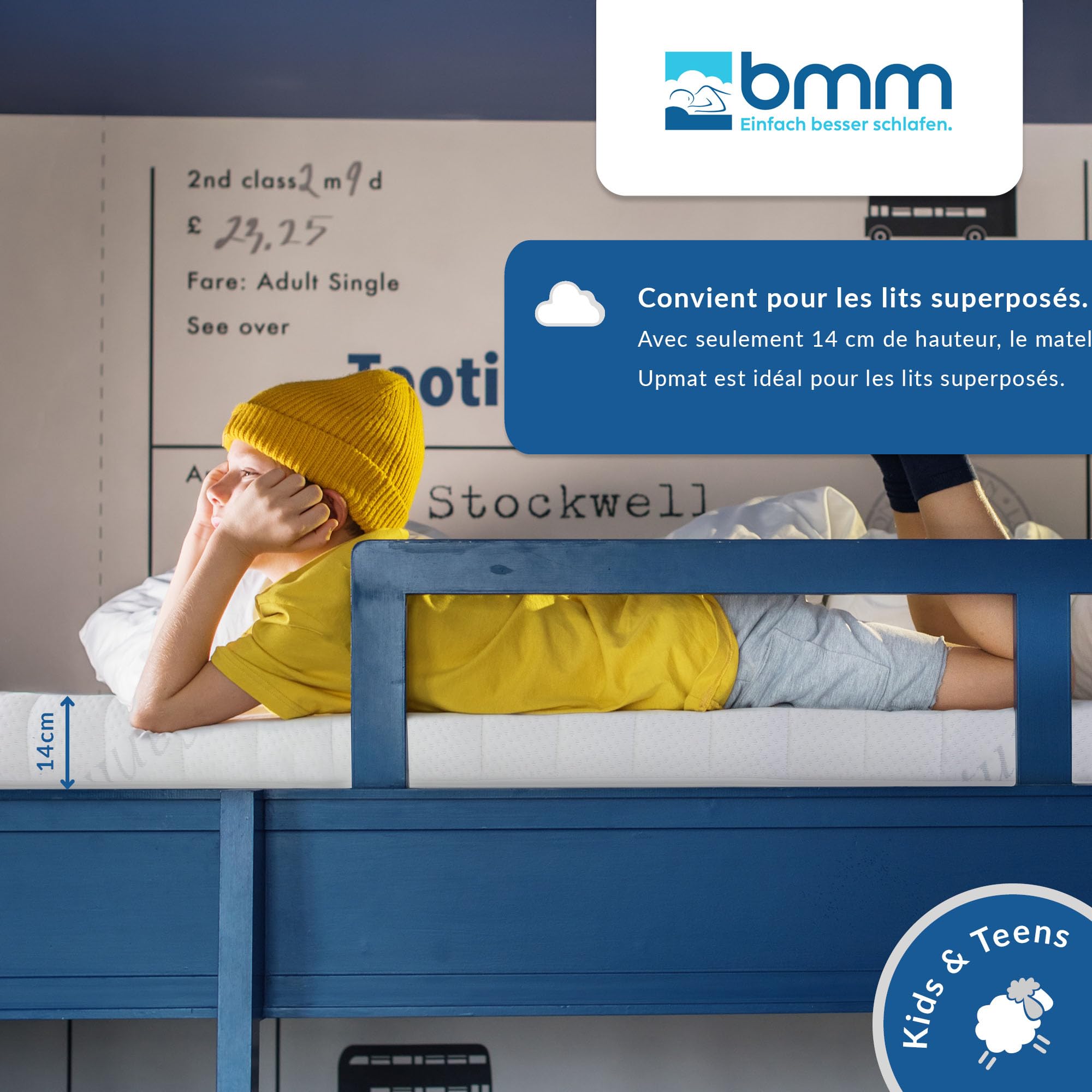 BMM Matelas pour Enfant UpMat 90 x 200cm H2 pour Lits superposés/Matelas en Mousse Froide certifié Öko-Tex/Adapté à Tous Les Lits superposés Courants/Matelas de Conception Allemande