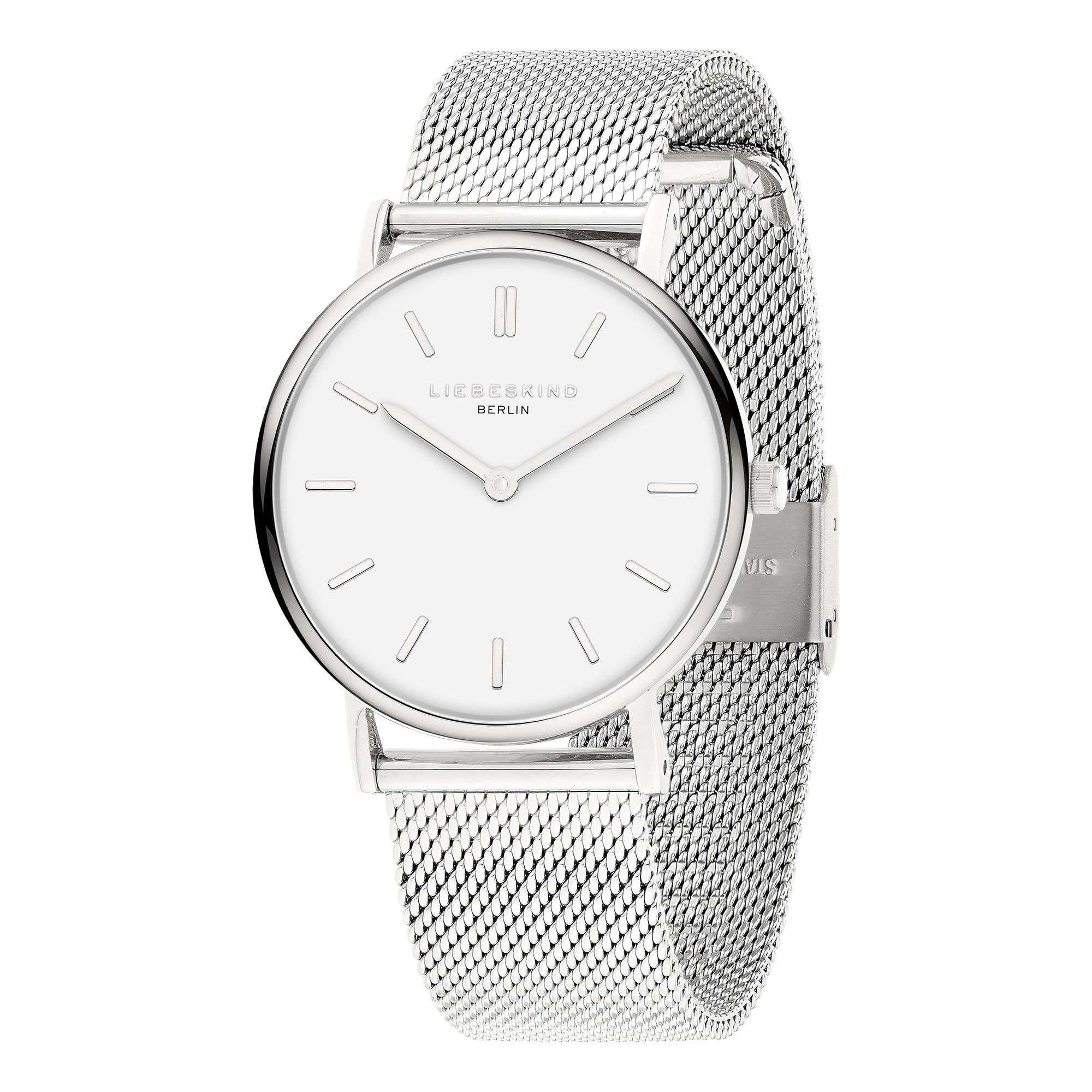 Liebeskind Berlin Damenuhr – Runde Quarzuhr 34 mm – Mesharmband – 5 ATM wasserdicht – Elegant – Silber/Weiß