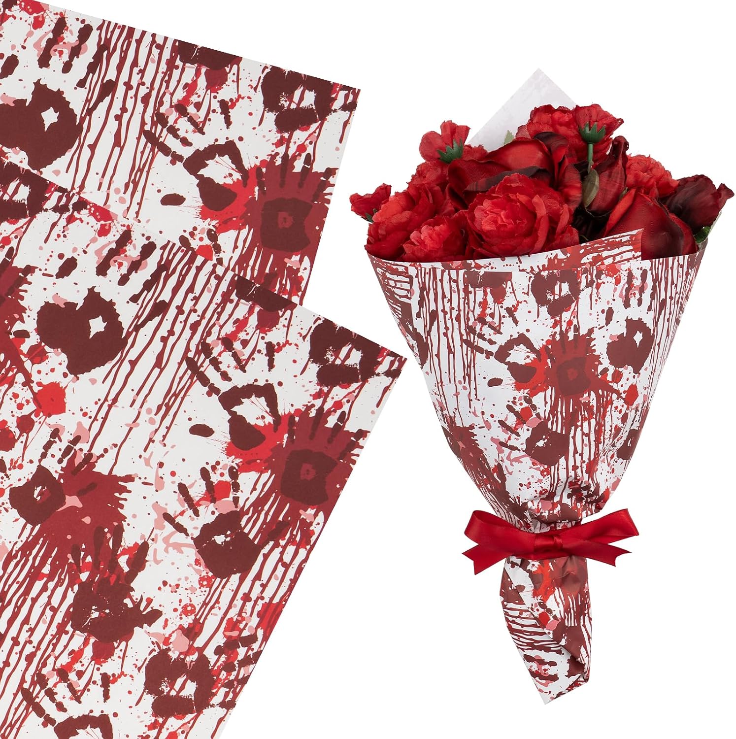 WRAPAHOLIC 10 Sheets Bloody Halloween Kraft Flower Wrapping Paper - 18 x 18 inch Spooky Blood Splatter and Handprint Bouquet Wrapping Paper, Florist Supplies Packaging for Halloween, Birthday