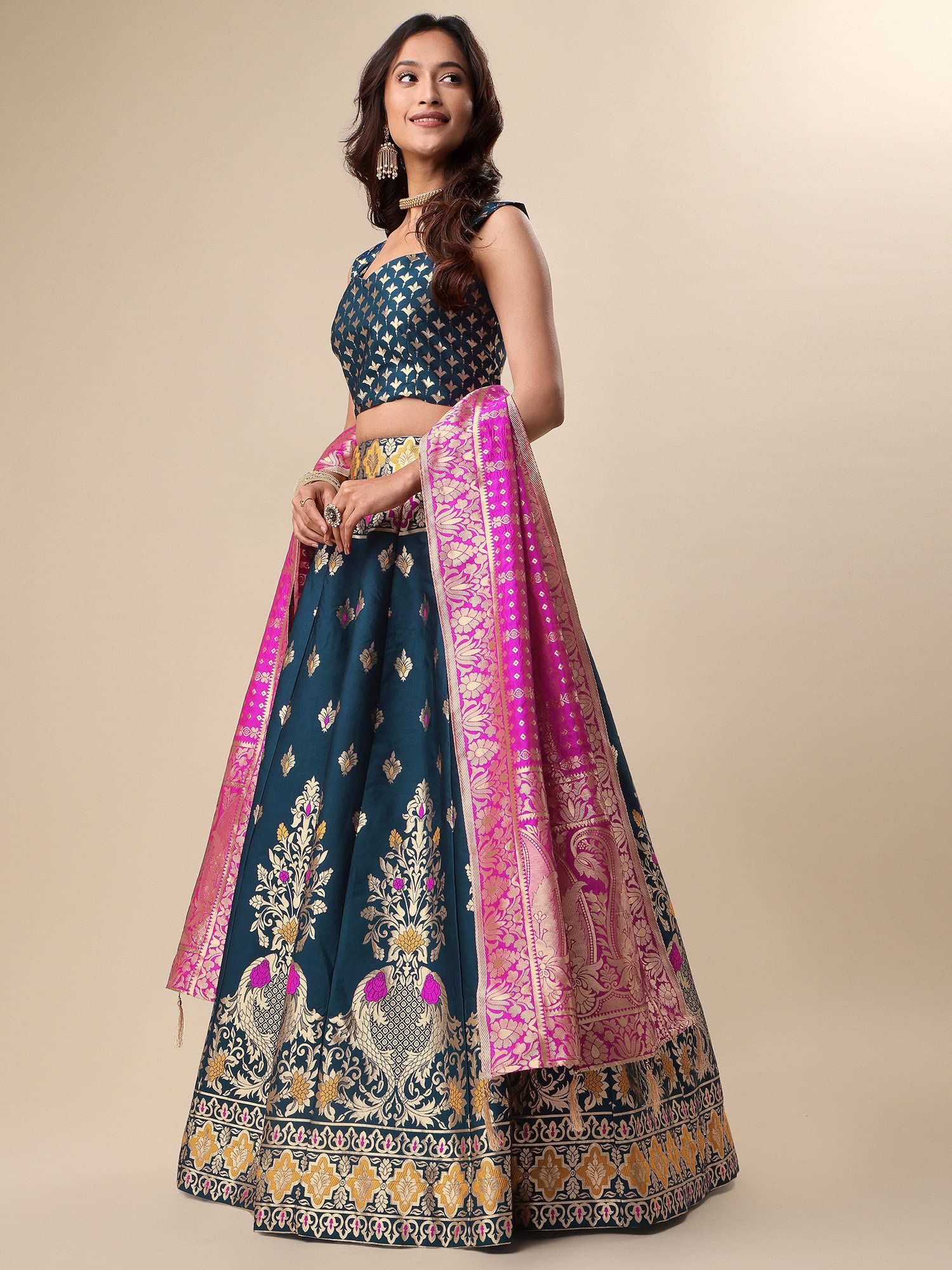 Purvaja Women's Jacquard Semi-Stitched Lehenga Choli (Indra-Rama_Rama_Free Size)