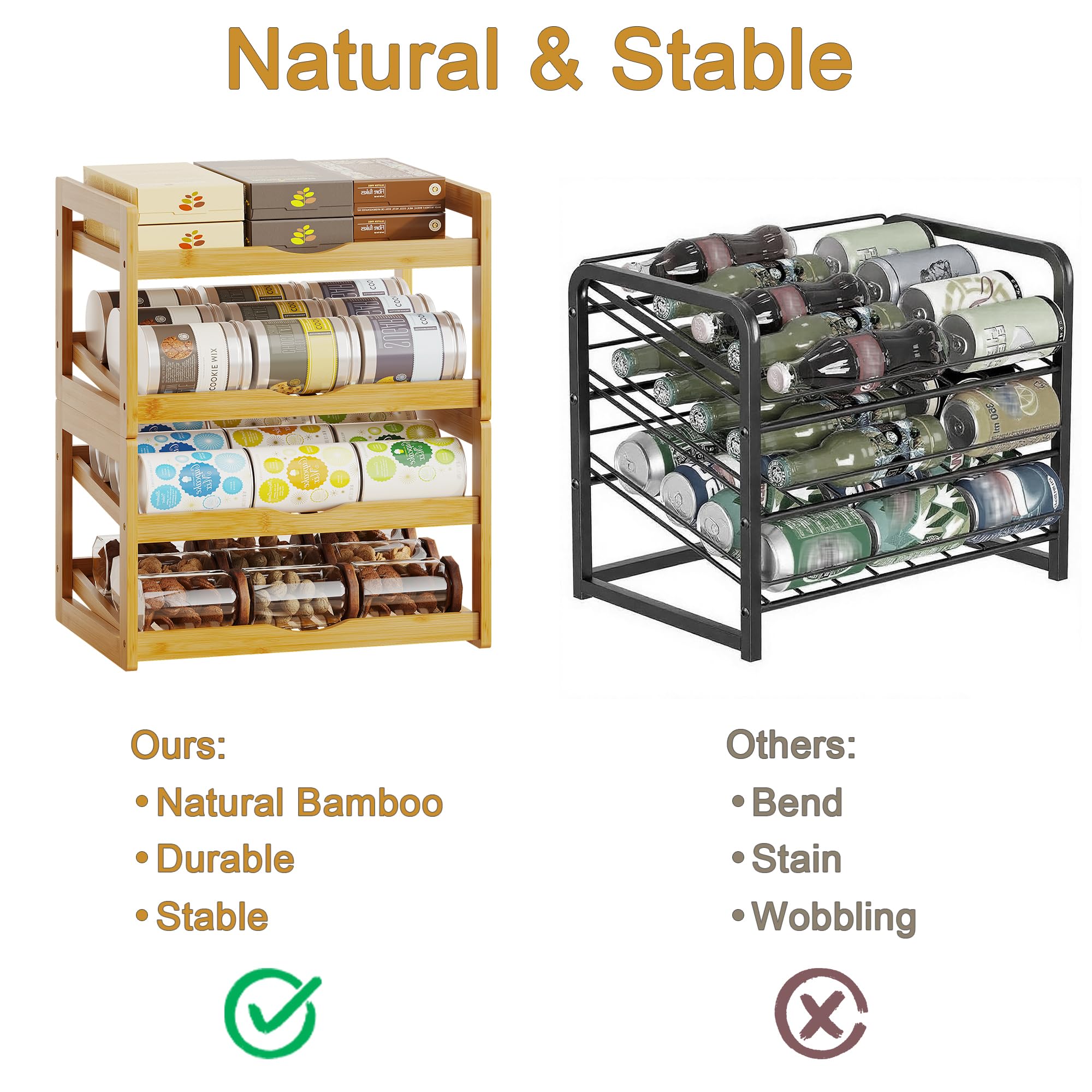 BAMBANG Organizador de latas para despensa, estante de almacenamiento de latas apilable de bambú desmontable de 4 niveles, dispensador de latas de refresco rodante para gabinete, capacidad para hasta
