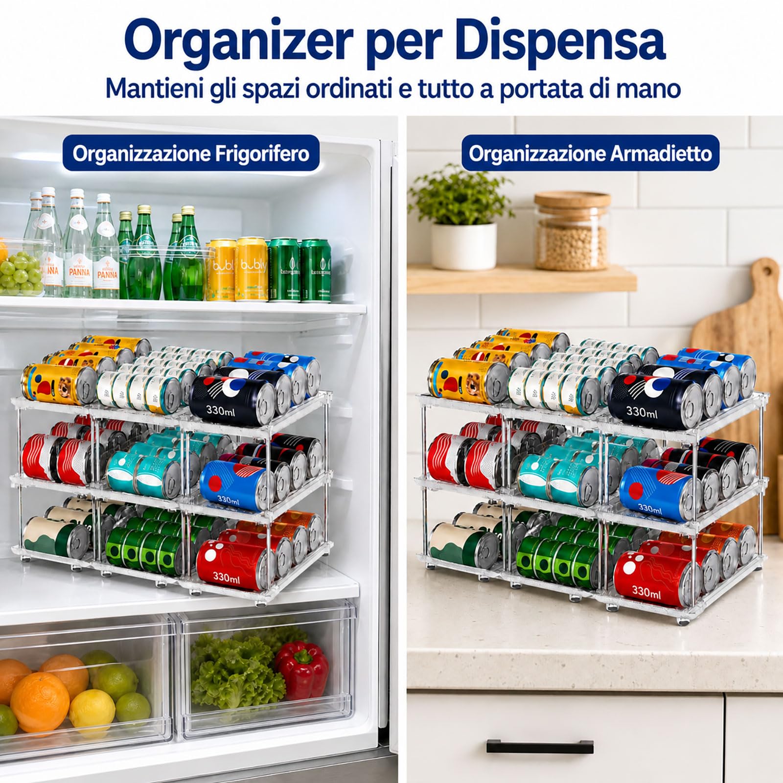 Organizzatore per Lattine e Barattoli da Conserva per Dispensa – Distributore a 3 Livelli Impilabile per Armadio Cucina e Frigo – Sistema di Conservazione Regolabile per Conserve, Bibite e