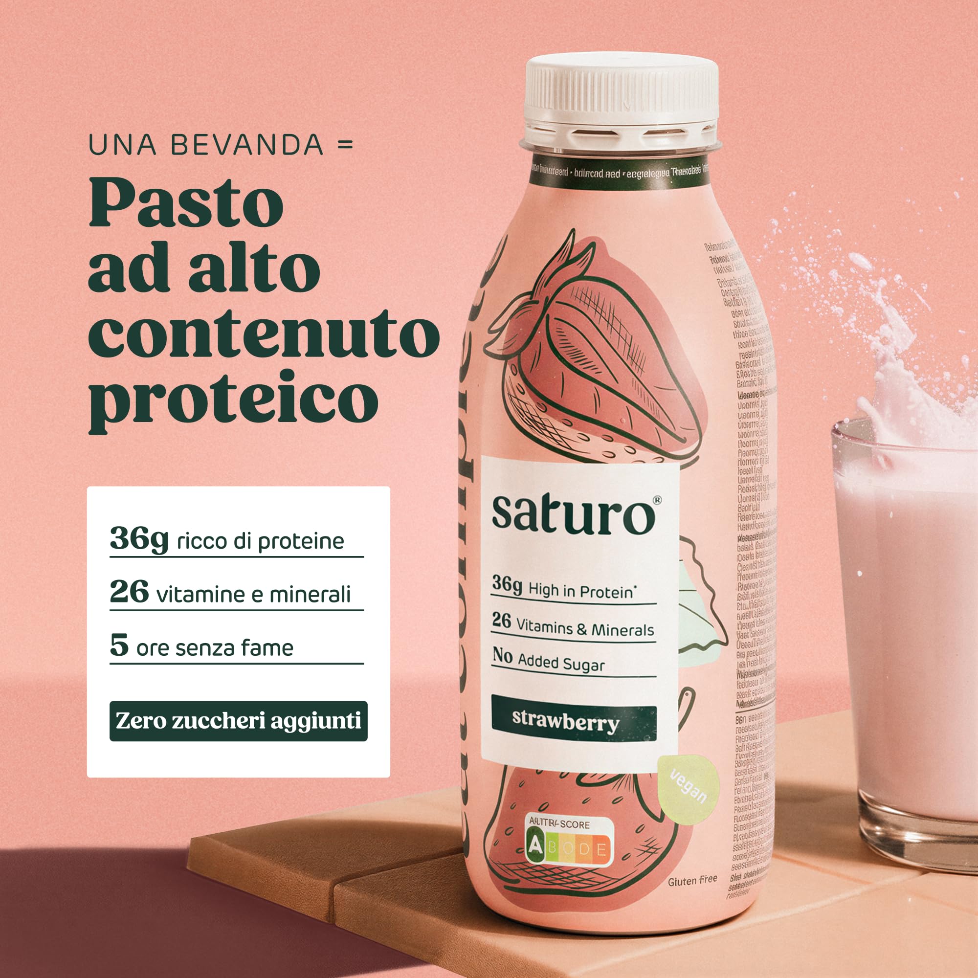 Saturo Pasto Sostitutivo Frullato Gusto Strawberry | 36 g di proteine & senza zucchero | 400 kcal | Vegano | Pasto Bevibile con Nutrienti Essenziali | Fragola | 6 x 400 ml