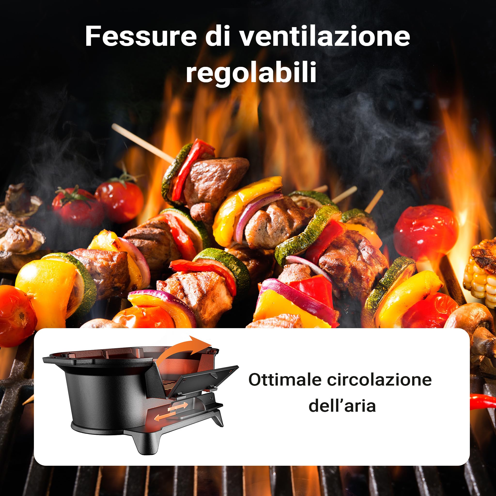 Wiltec Pentola in ghisa con griglia, barbecue portatile a carbonella con sistema di aspirazione, 50x27x21 cm, griglia da campeggio