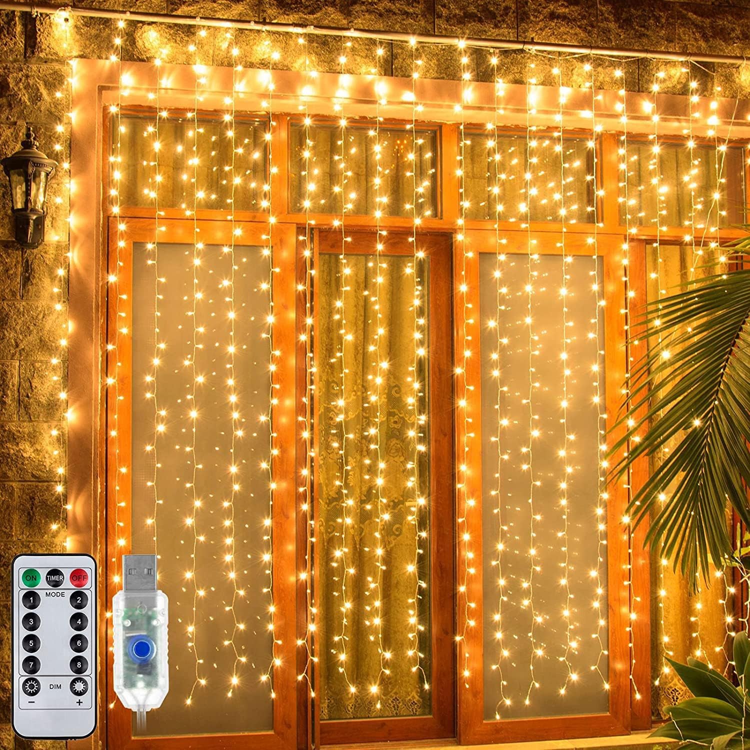 Ollny Lichtervorhang innen aussen, 3x3m 300 LED Lichterkette außen innen USB mit Fernbedienung Timer, dimmbar Lichterketten Vorhang für Fenster Weihnachten Schlafzimmer Wand(warmweiß)