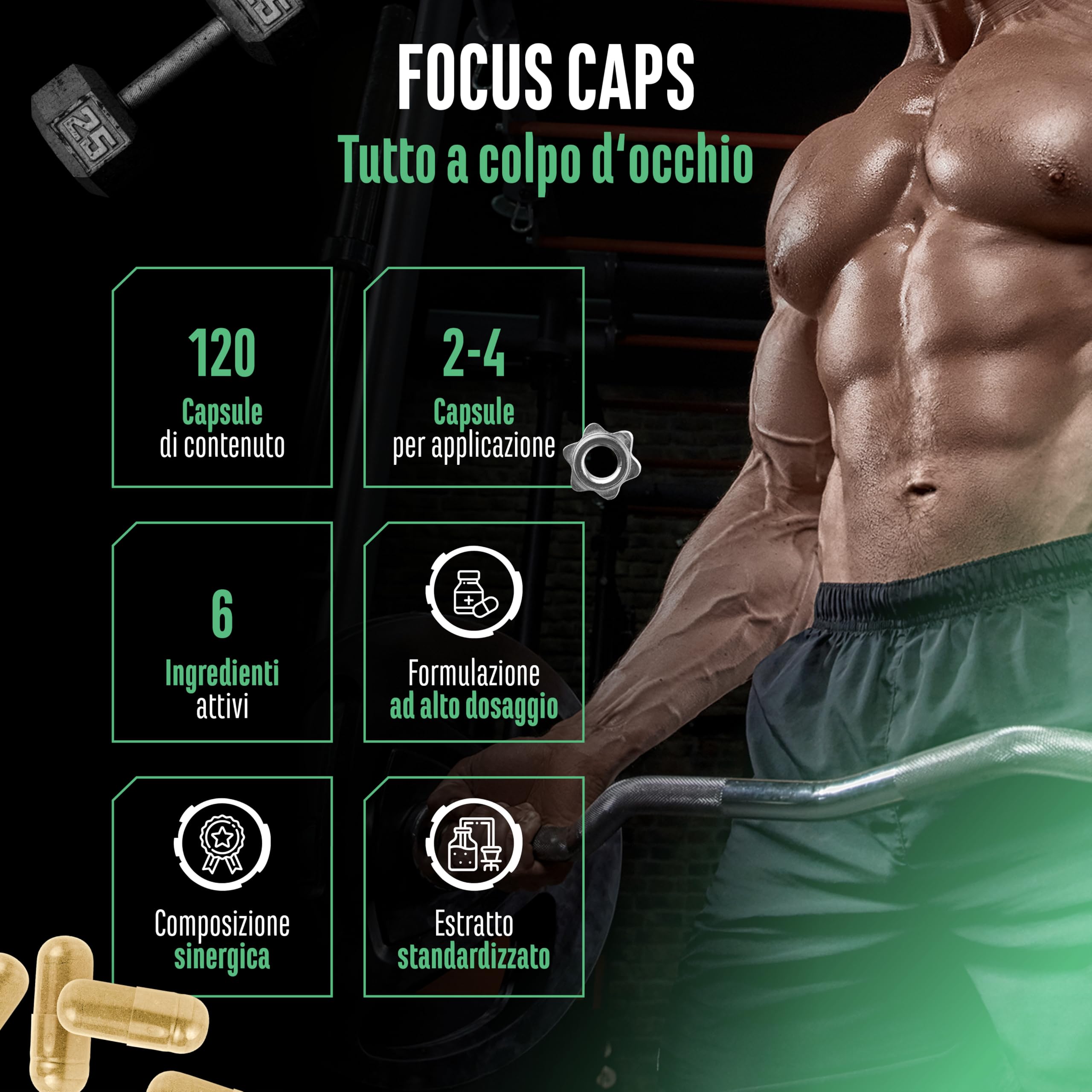 Focus Caps - 120 capsule - Miscela per le prestazioni mentali con L-Teanina, Tè verde, Guaranà, estratto di Citrus Aurantium, Caffeina, D-Glucuronolattone - ad alto dosaggio, vegan