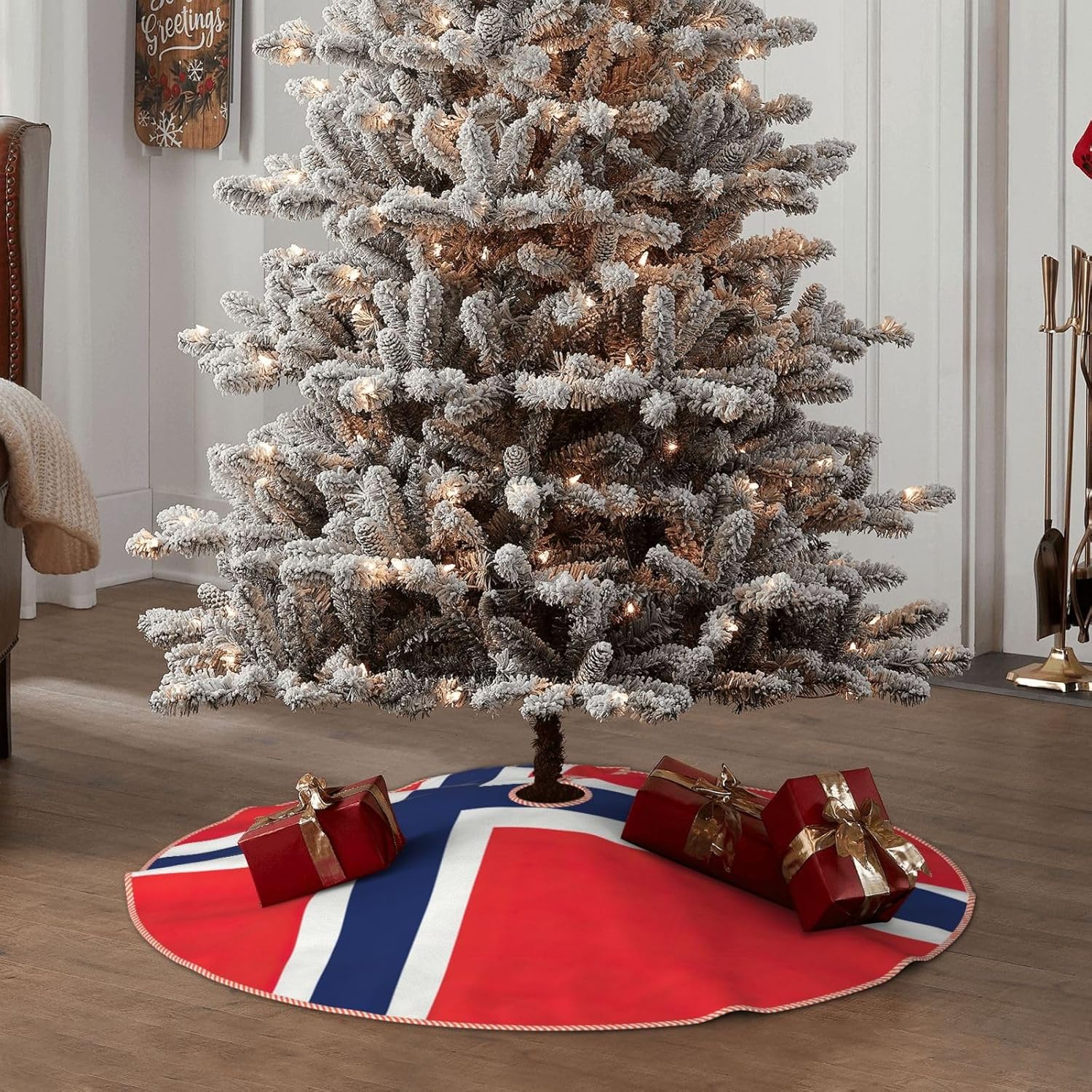 Norwegian Flag Print Rustic Thick Xmas Tree Skirt Xmas Holiday Indoor Party Outdoor Decoration Christmas Pattern