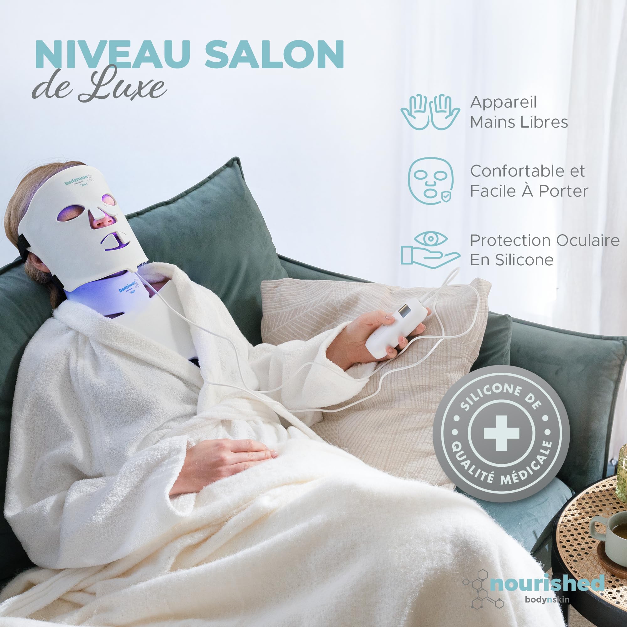 Nourished Bodynskin Masque LED visage et cou avec infrarouge proche - Luminothérapie bleue, rouge pour le visage - 228 LED - Outil de soin pour les rides, anti-âge