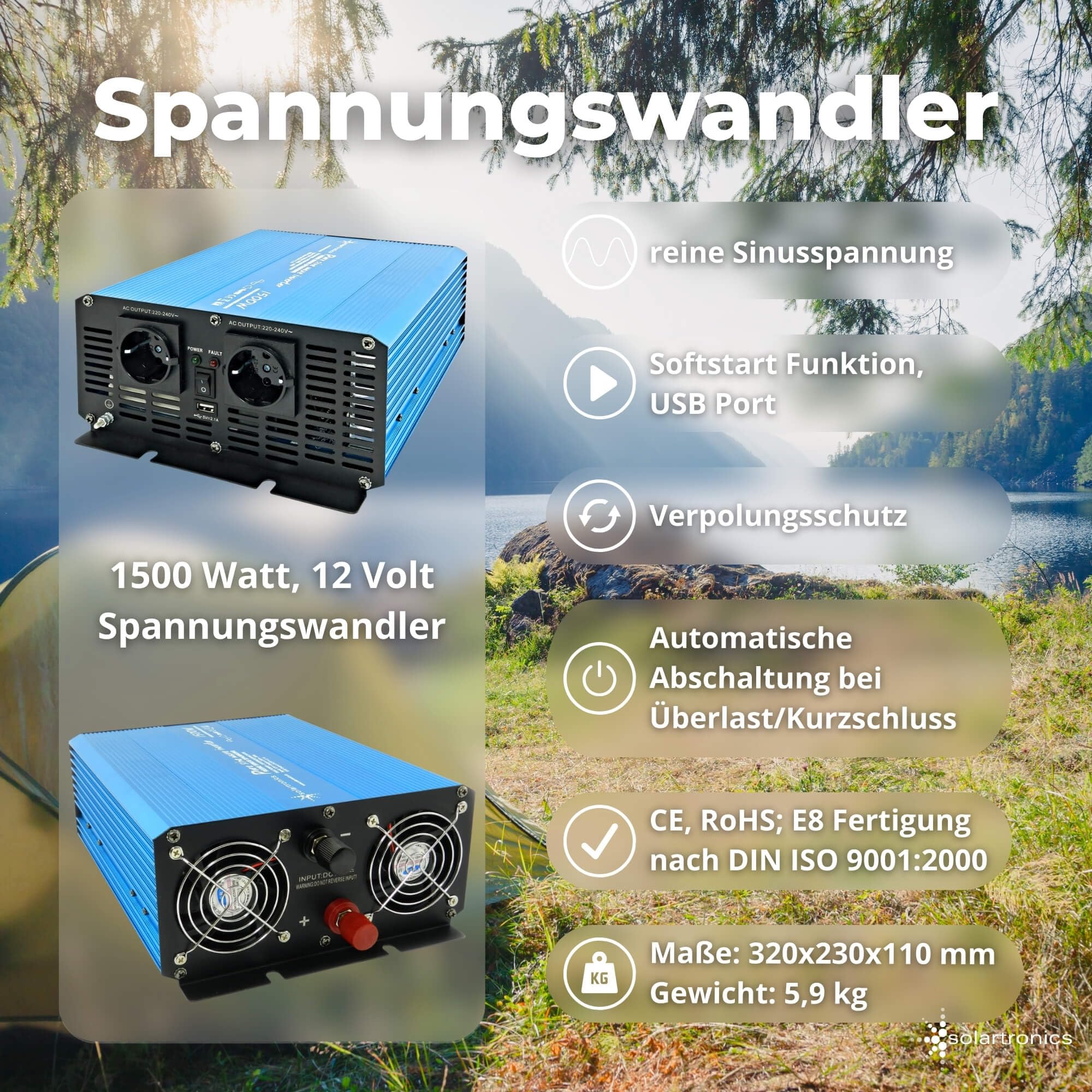 SOLARTRONICS Komplettset 3x120 Watt Solarmodul 1070x580x35, TS 1500W Spannungswandler + 30A Laderegler + Solarkabel + Solarstecker Wohnmobil Inselanlage Photovoltaikanlagen