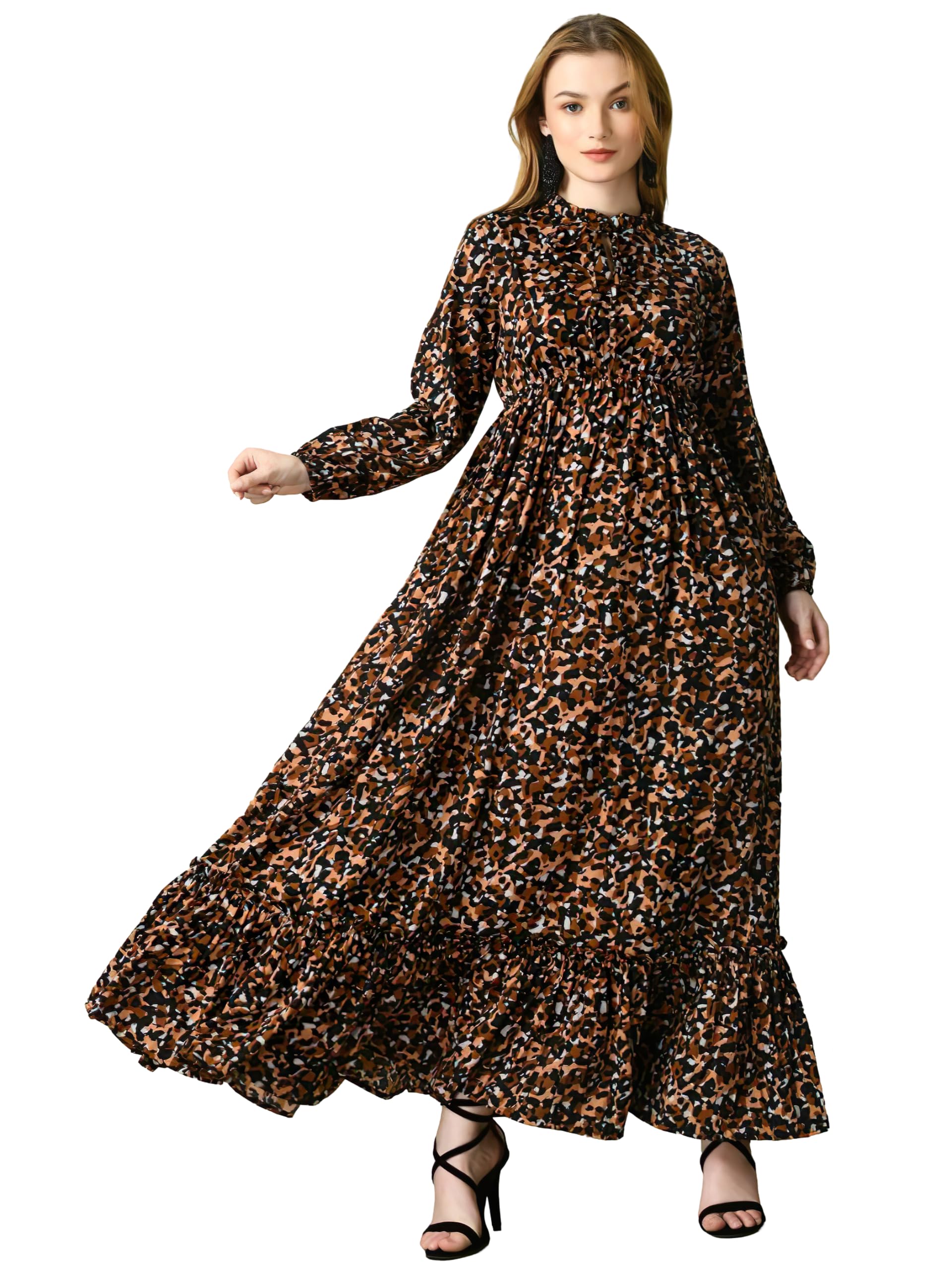 kzully | Floral Printed Maxi Dresses for Women | Long Sleeve Beautiful Floral Patterns | Stylish and Elegant Dress | Tie Neck-picture-18