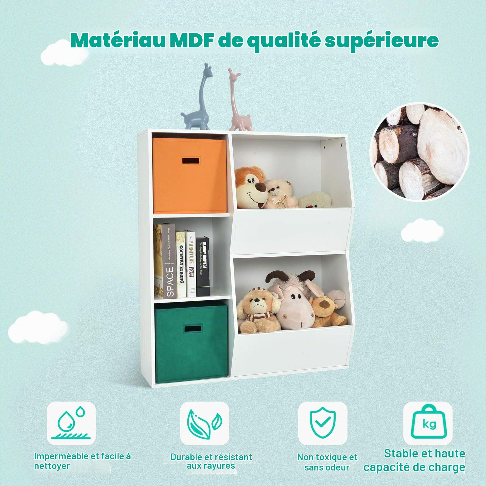 DREAMADE Bibliothèque d'angle Enfant à 3 Niveaux Meuble de Rangement Garçon et Fille avec Tiroirs en Tissu,Dispositif Anti-basculement Étagère pour Jouets,Livres,Chambre,Salon (Blanc, 5 Casiers)